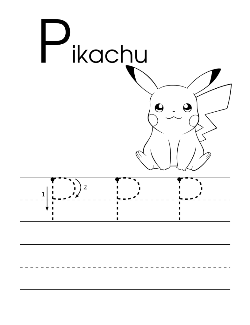 Pikachu handwriting practice uppercase letter P worksheet for pre