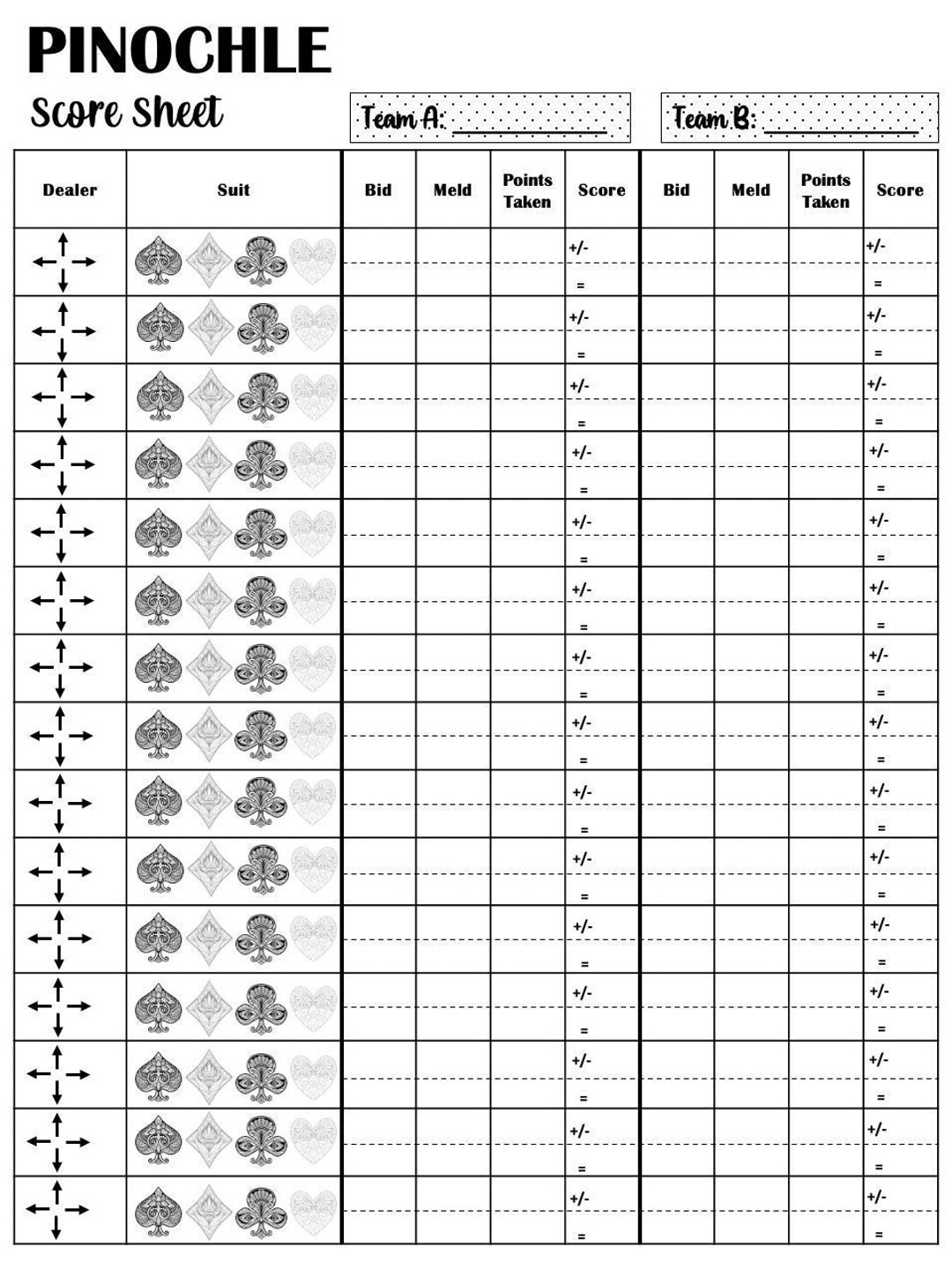 Pinochle Score Card - Pinochle Scoresheet - Pinochle Score Pads