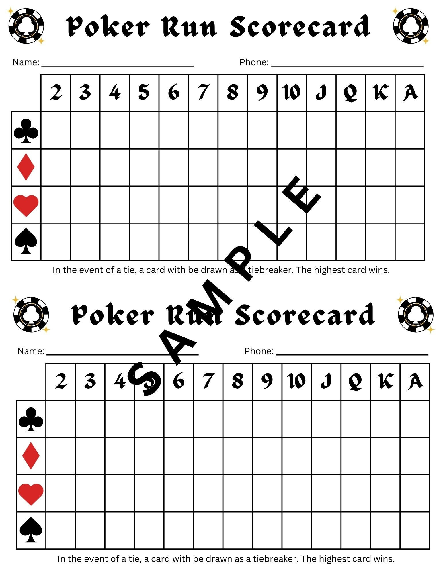 Poker Run Printable Scorecard, Poker Run Score Card, Poker Run
