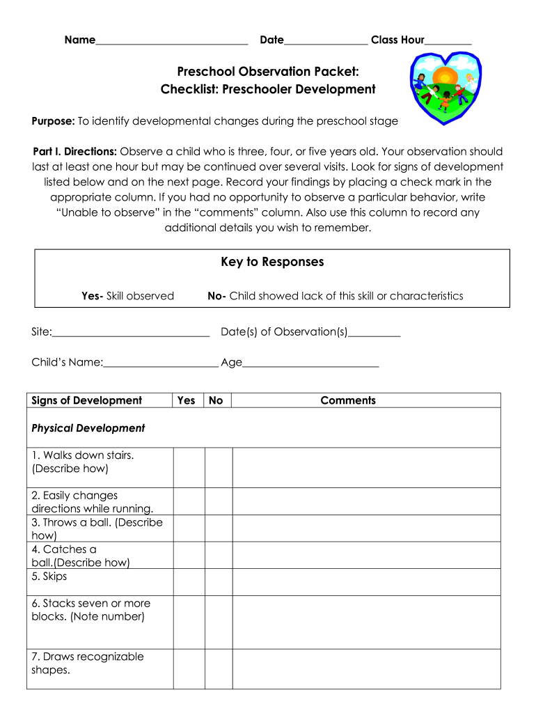 Preschool Observation Packet Checklist Preschooler Development