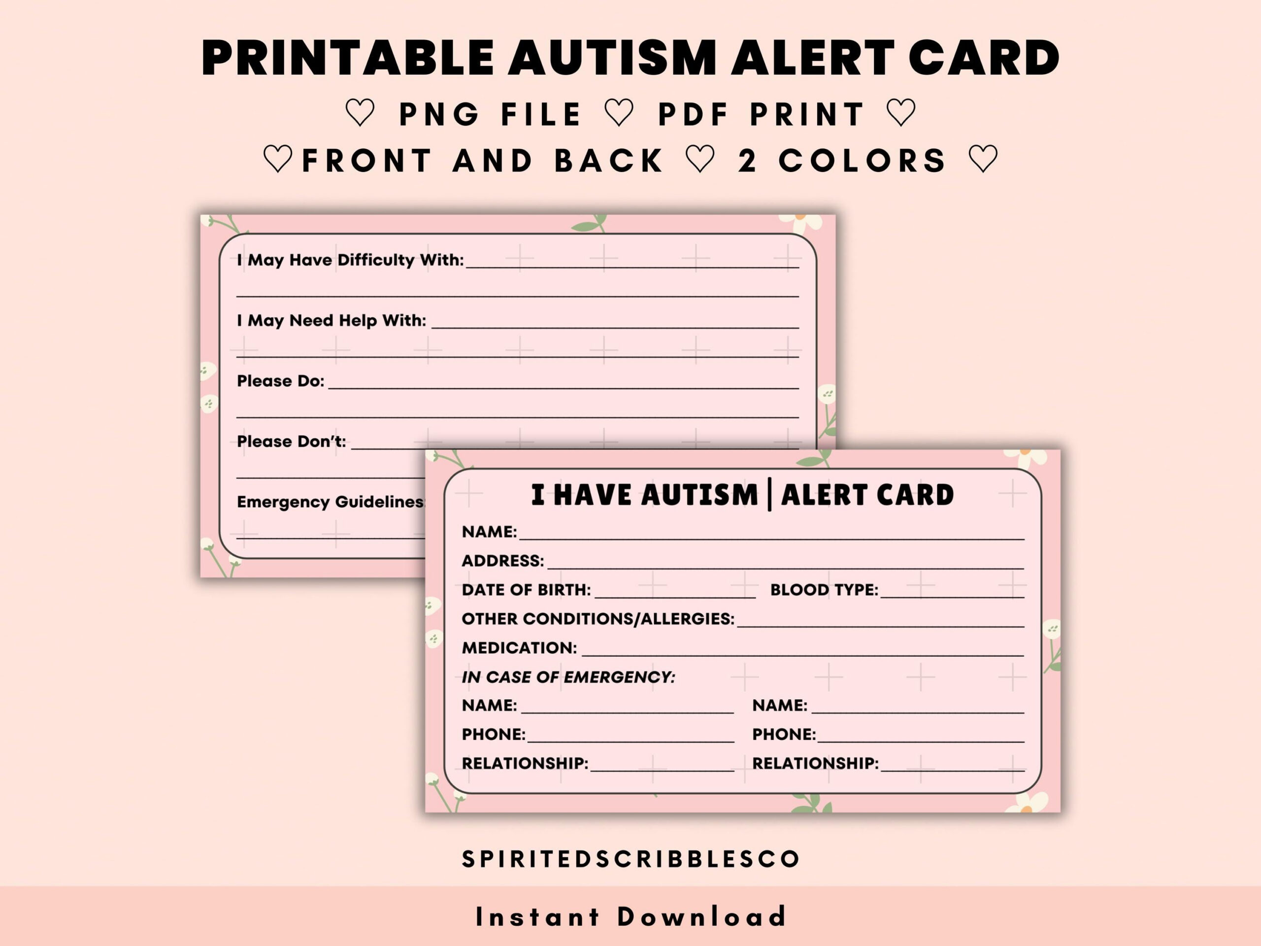 Printable Autism Alert Card Medical ID Ice Tag Emergency Safety