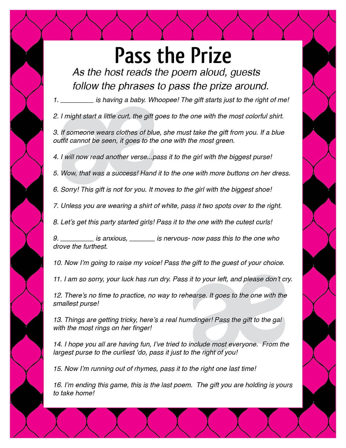 Printable Baby Shower Activity: Pass the Prize - Instant Download