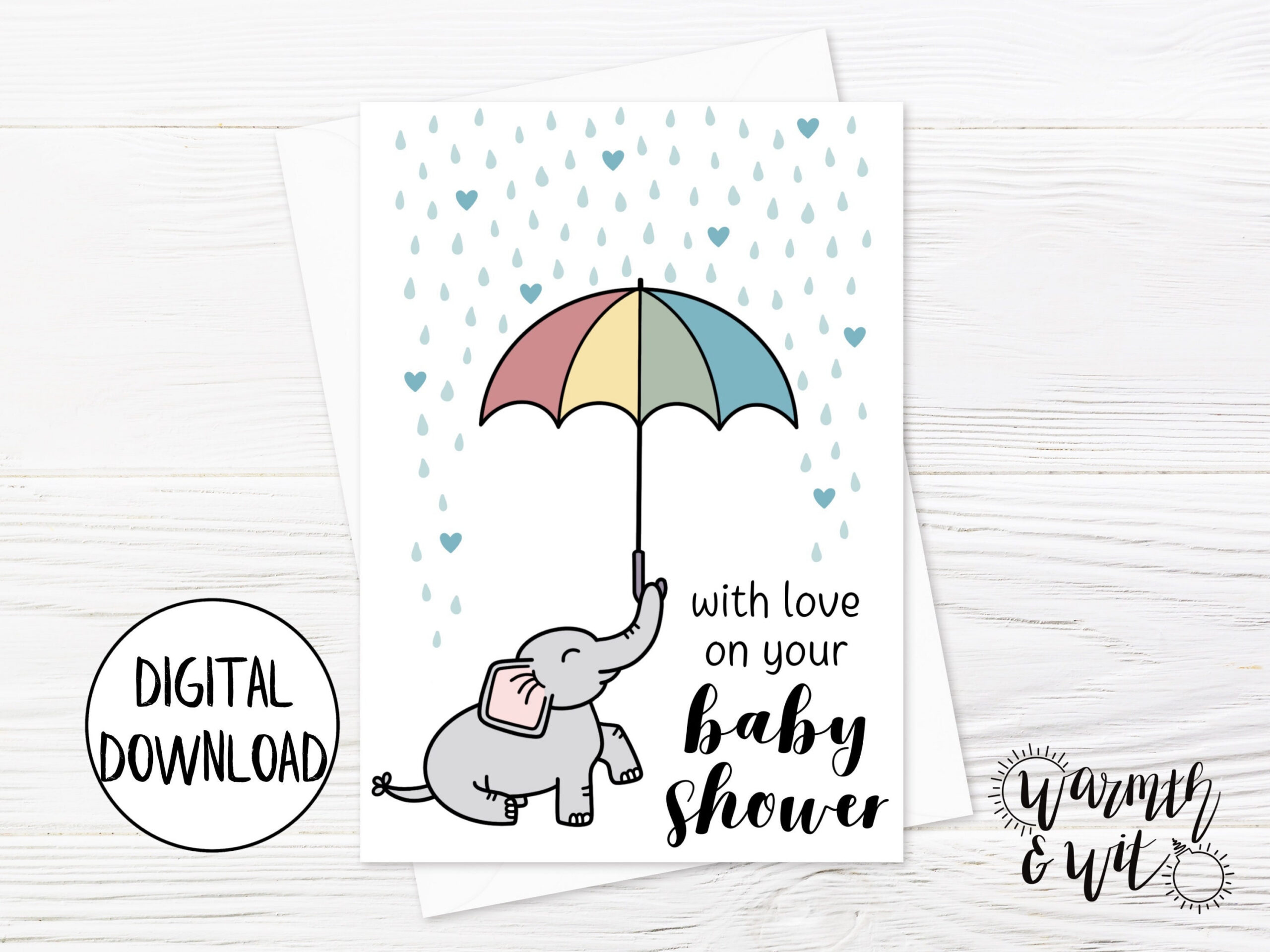 Printable Baby Shower Card, Girl, Boy, Elephant Baby Shower Card
