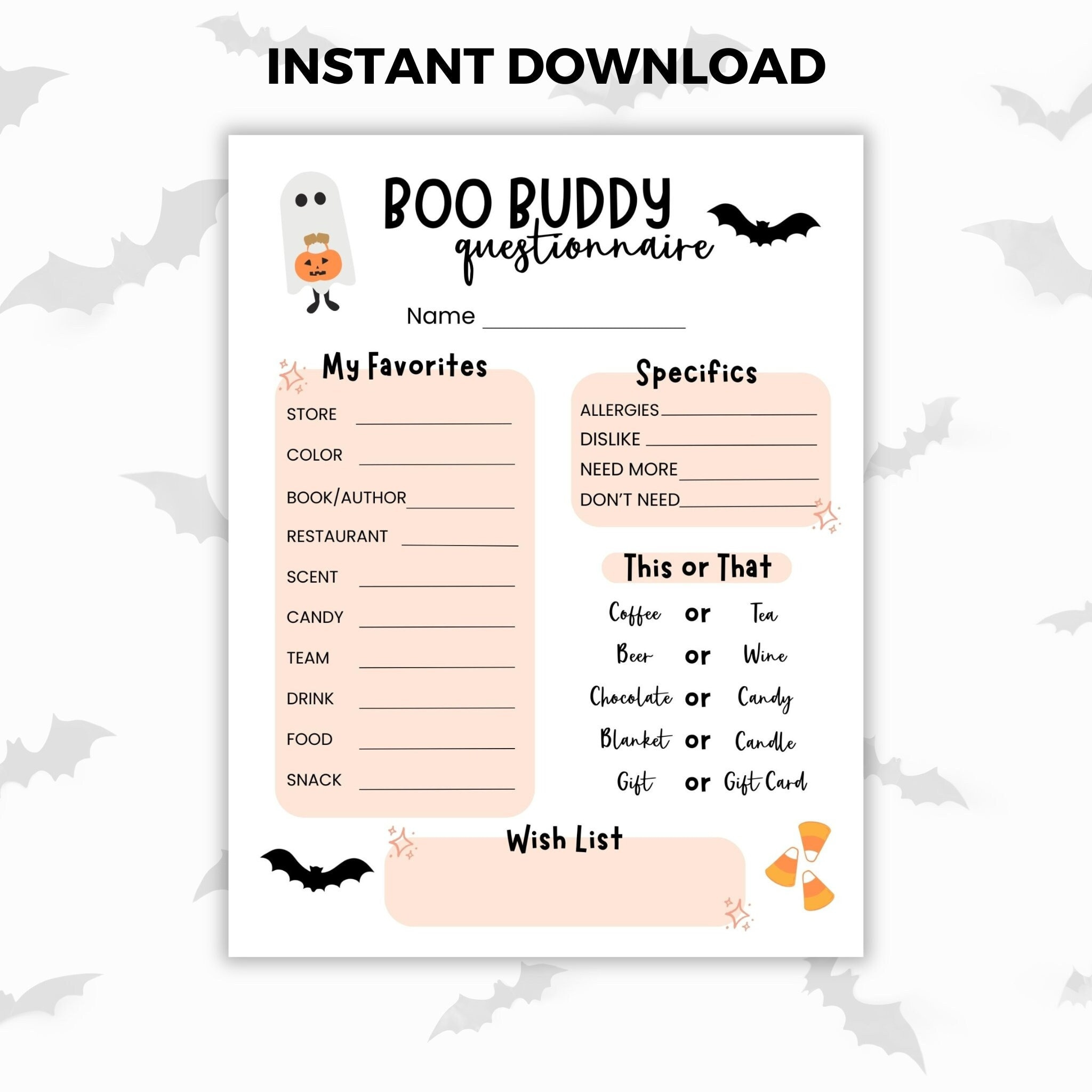 Printable Boo Buddy or Buddies Basket Questionnaire, Halloween