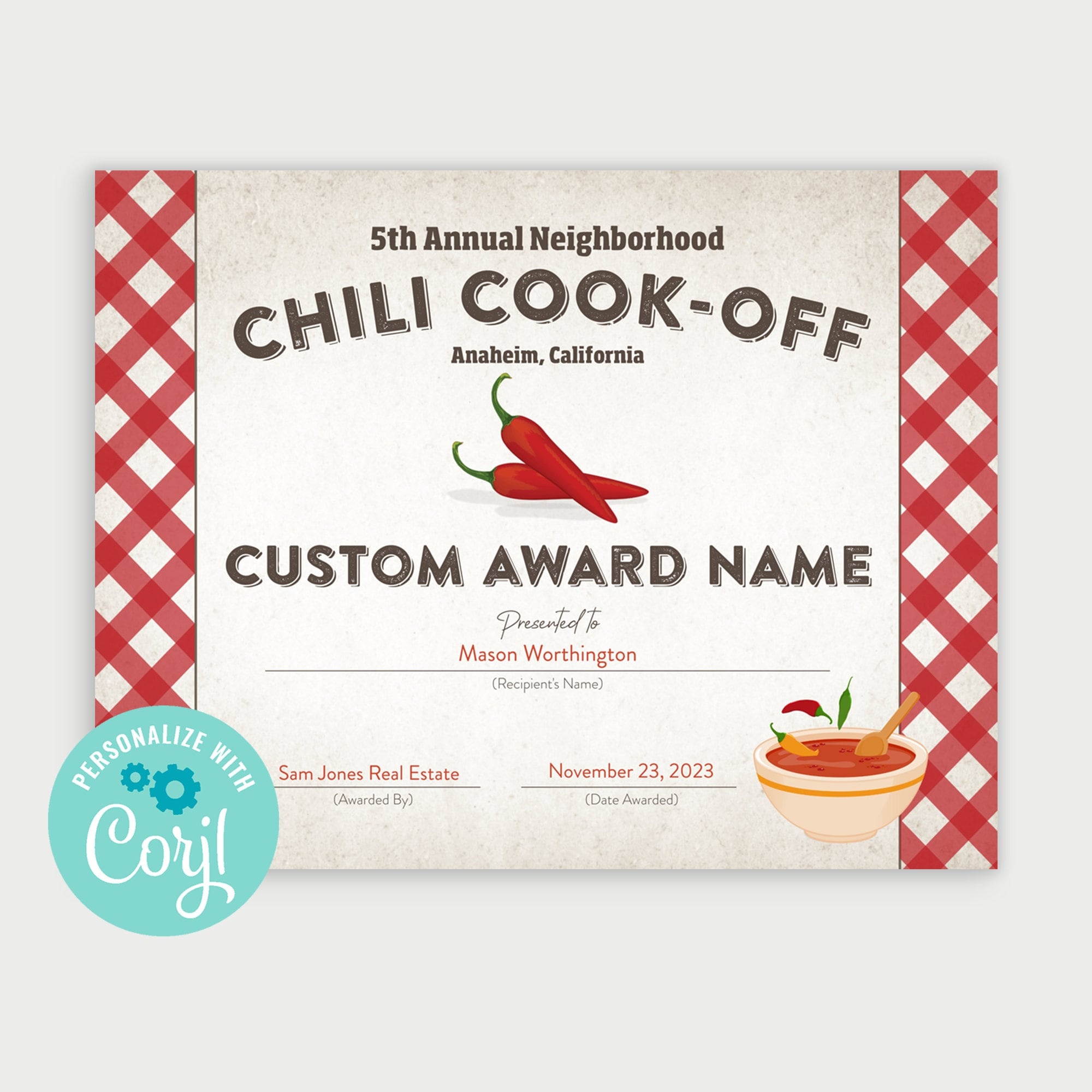 Printable Chili Cook-off Award Winner Certificate, Create Your Own