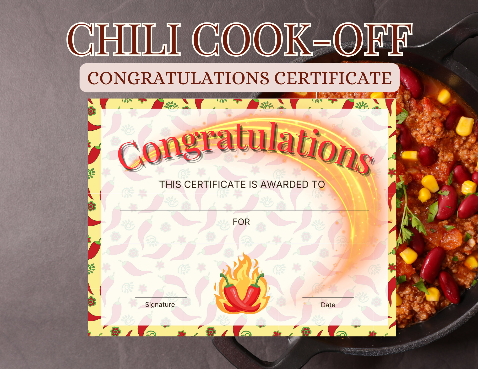 Printable Chili Cook-off Certificate Award, Winner of Games, Best