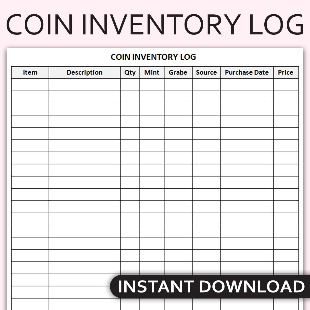 Printable Coin Inventory Log, Coin Collection Log, Coin Catalog