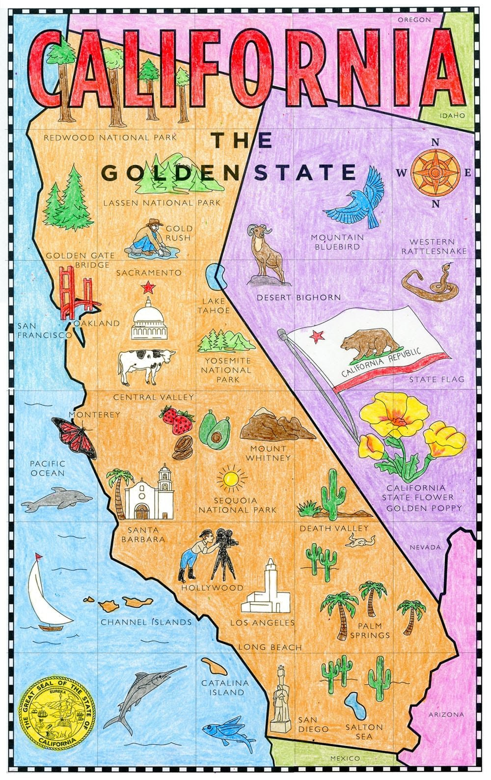 Printable Coloring Map of California for Kids with Landmarks Printable Coloring Map of California for Kids with Landmarks