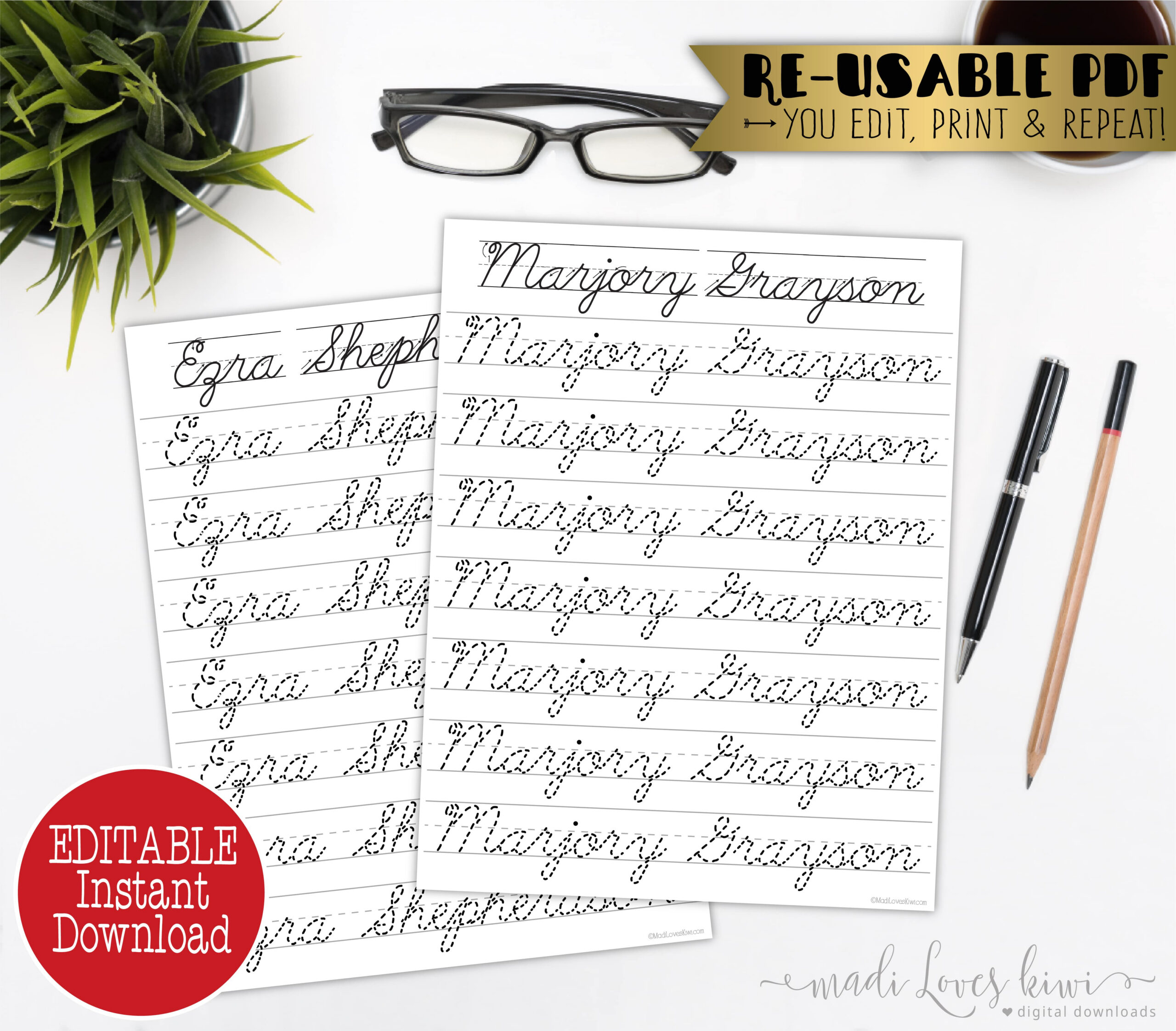 Printable Cursive Name Writing Worksheet, Editable Script