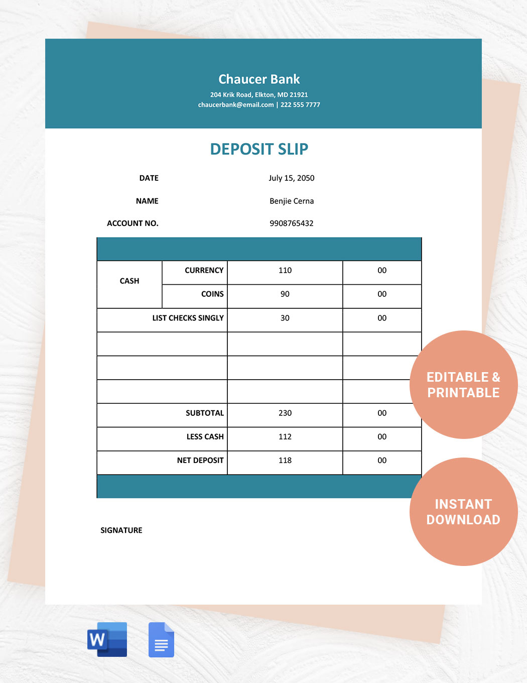 Printable Deposit Slip Template in Word, Google Docs - Download