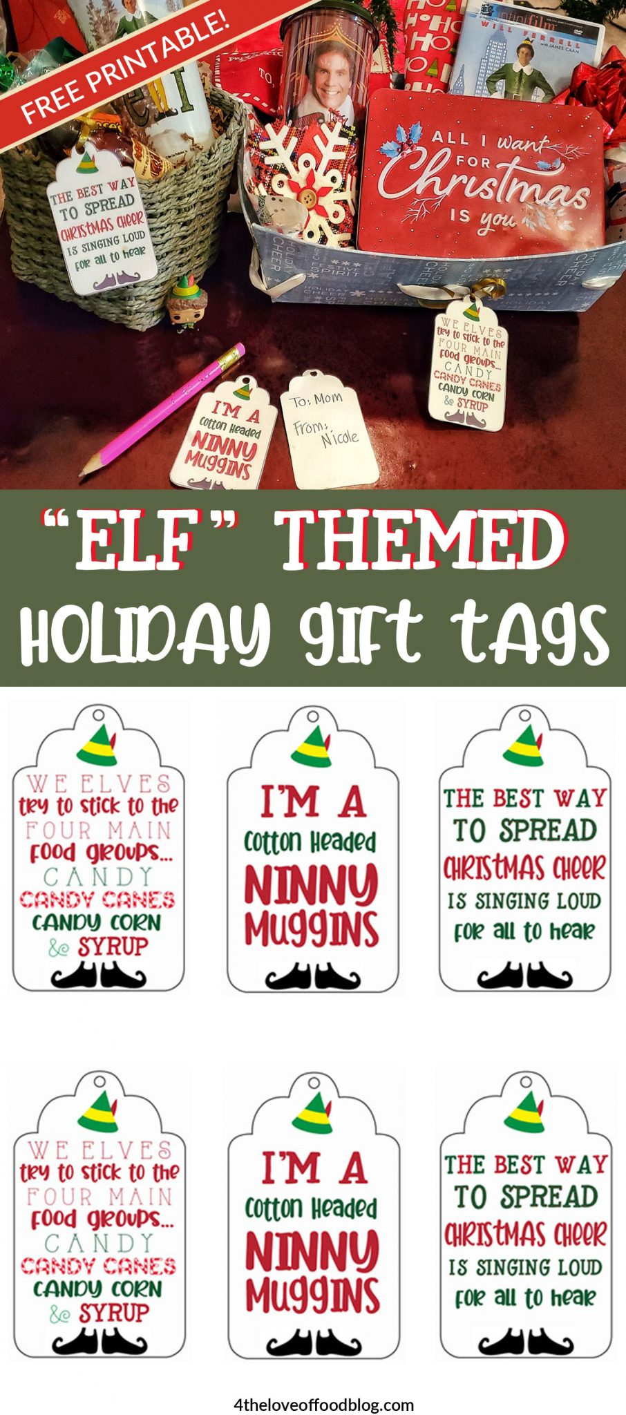 Printable "Elf" Movie Themed Holiday Tags and Gift Baskets - For