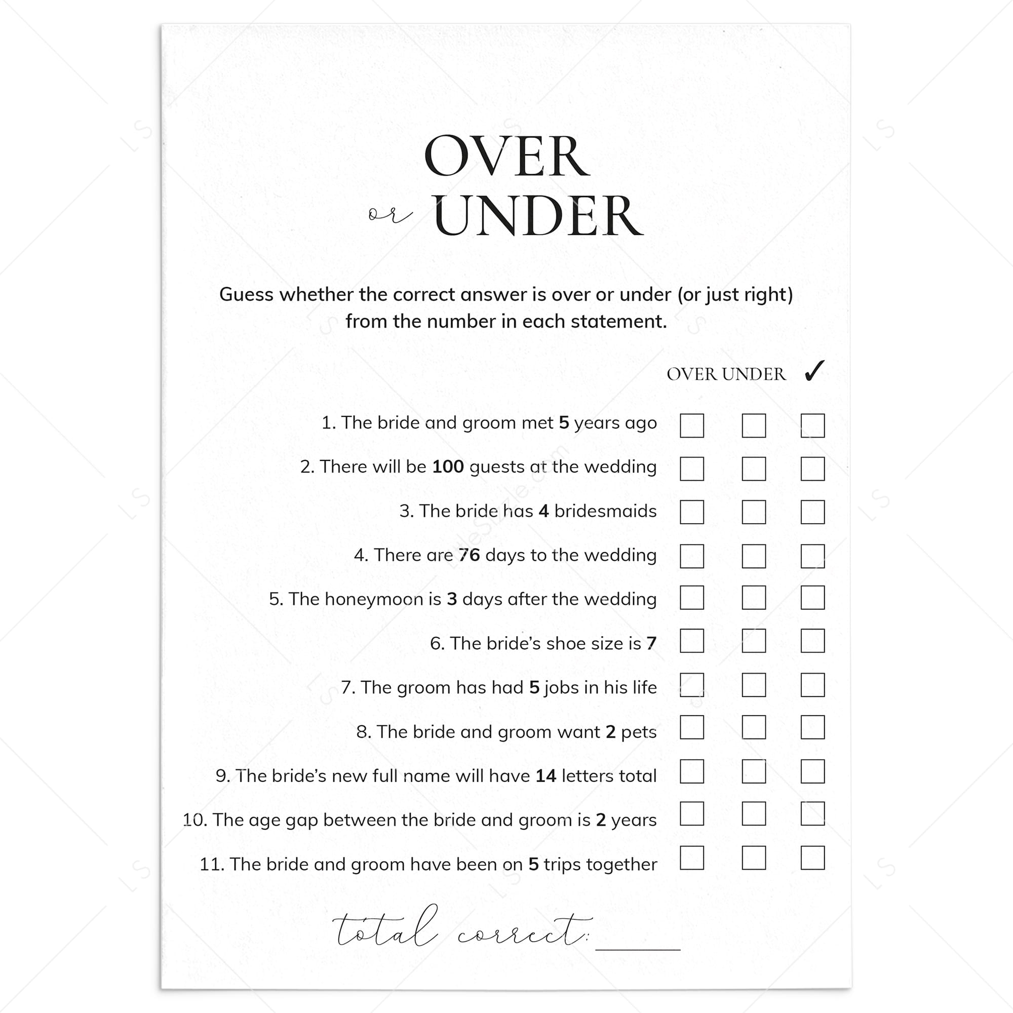 Printable Engagement Party Game Over or Under  Instant Download