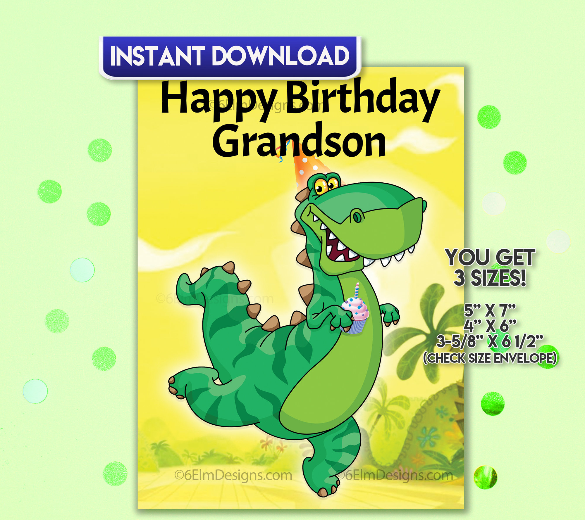 Printable Happy Birthday Grandson Dinosaur Instant Download Card