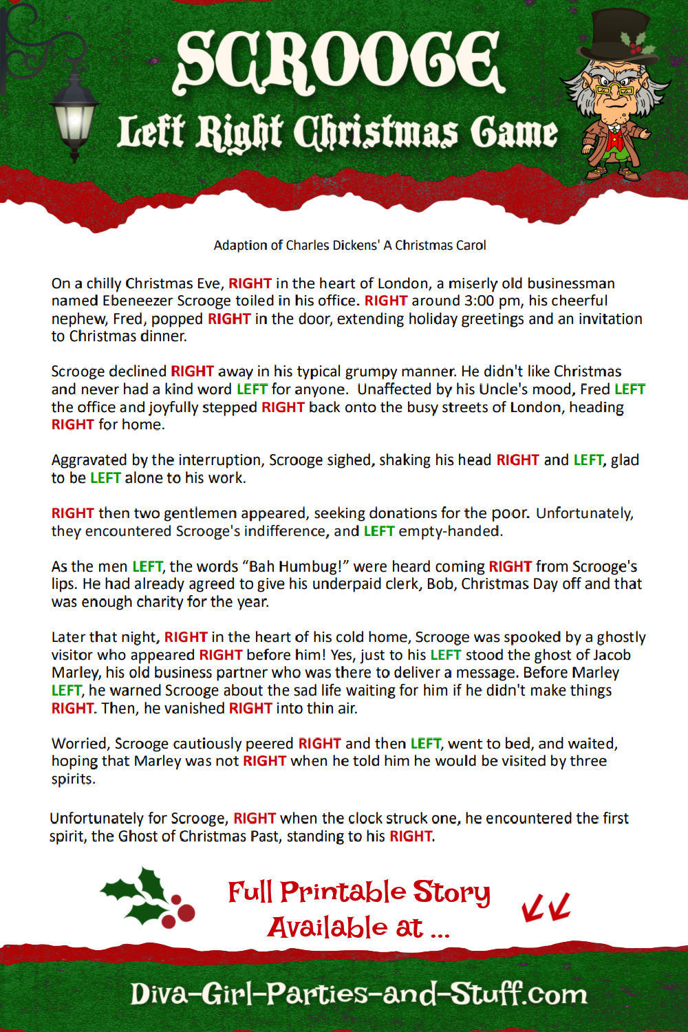 Printable Left Right Christmas Game Story of Scrooge
