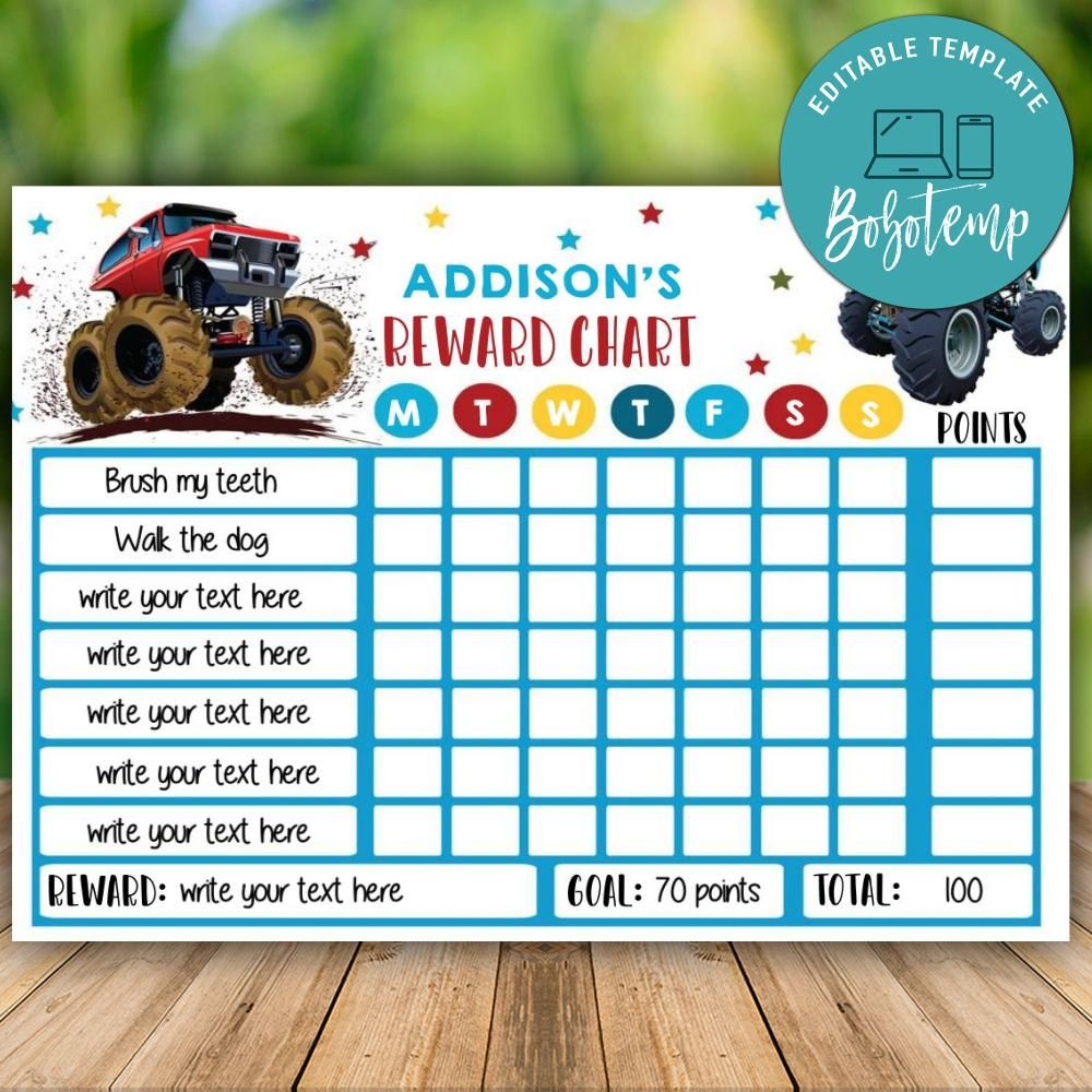 Printable Monster Truck Reward Chart Instant Download  Bobotemp