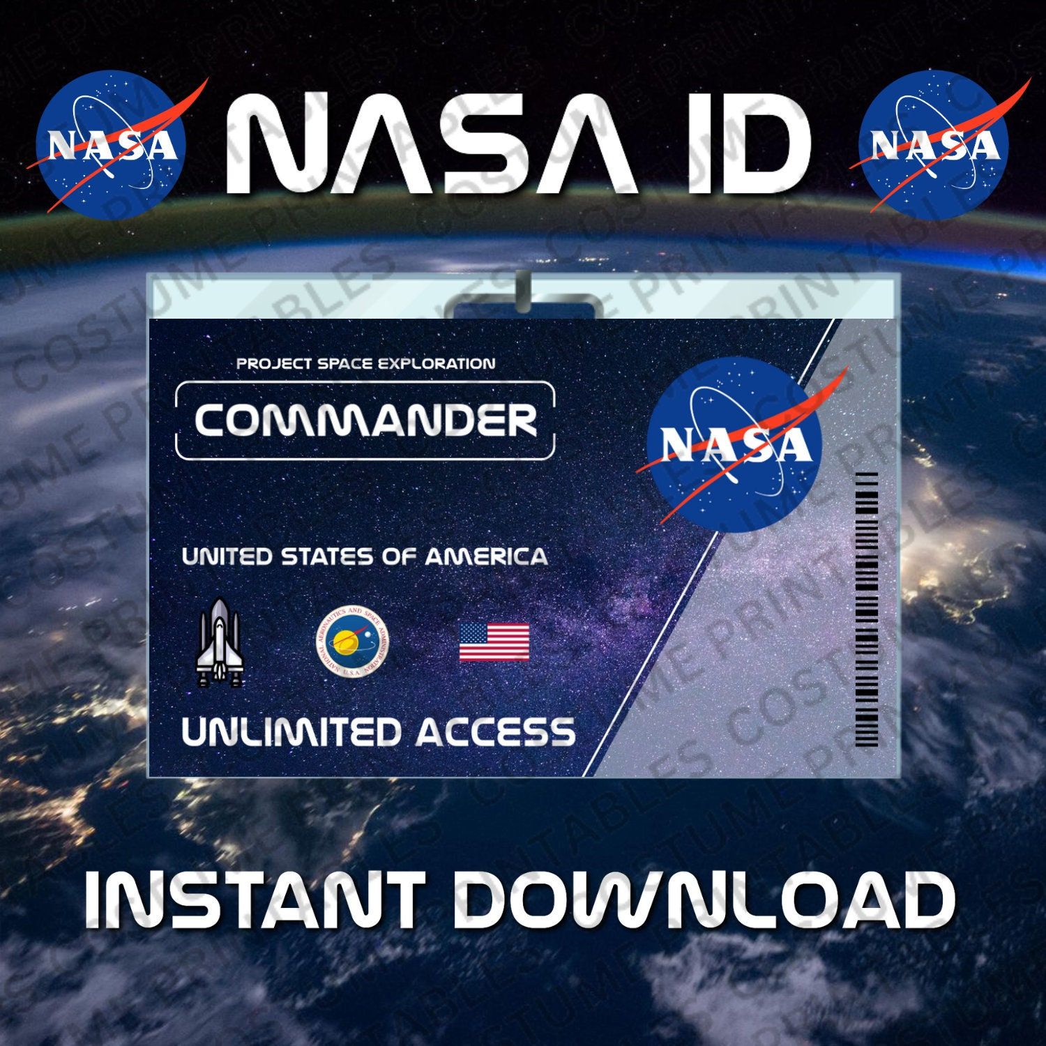 Printable  NASA  ID Card  ID Badge  Commander  Costume