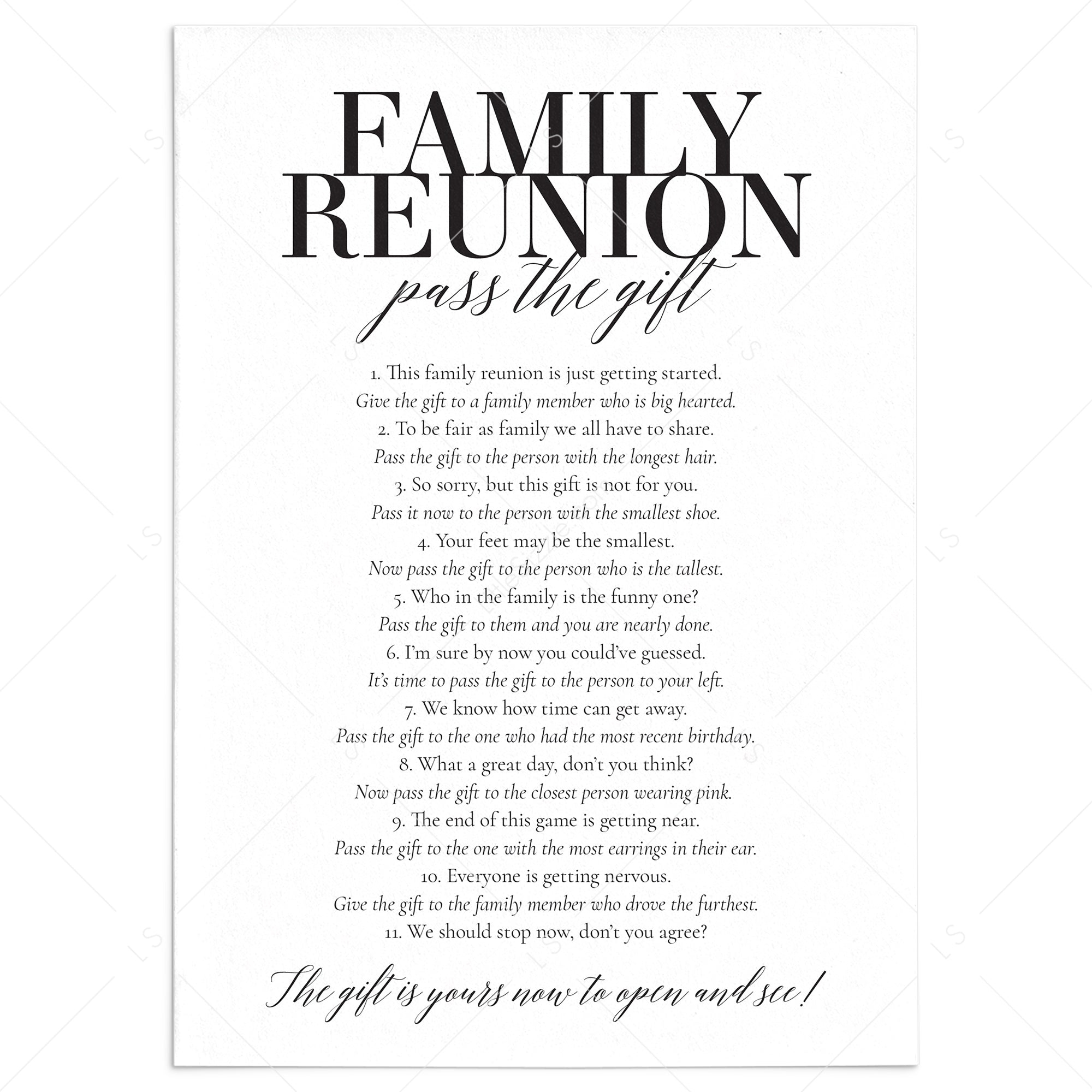 Printable Pass The Gift Game for Family  Family Reunion Party