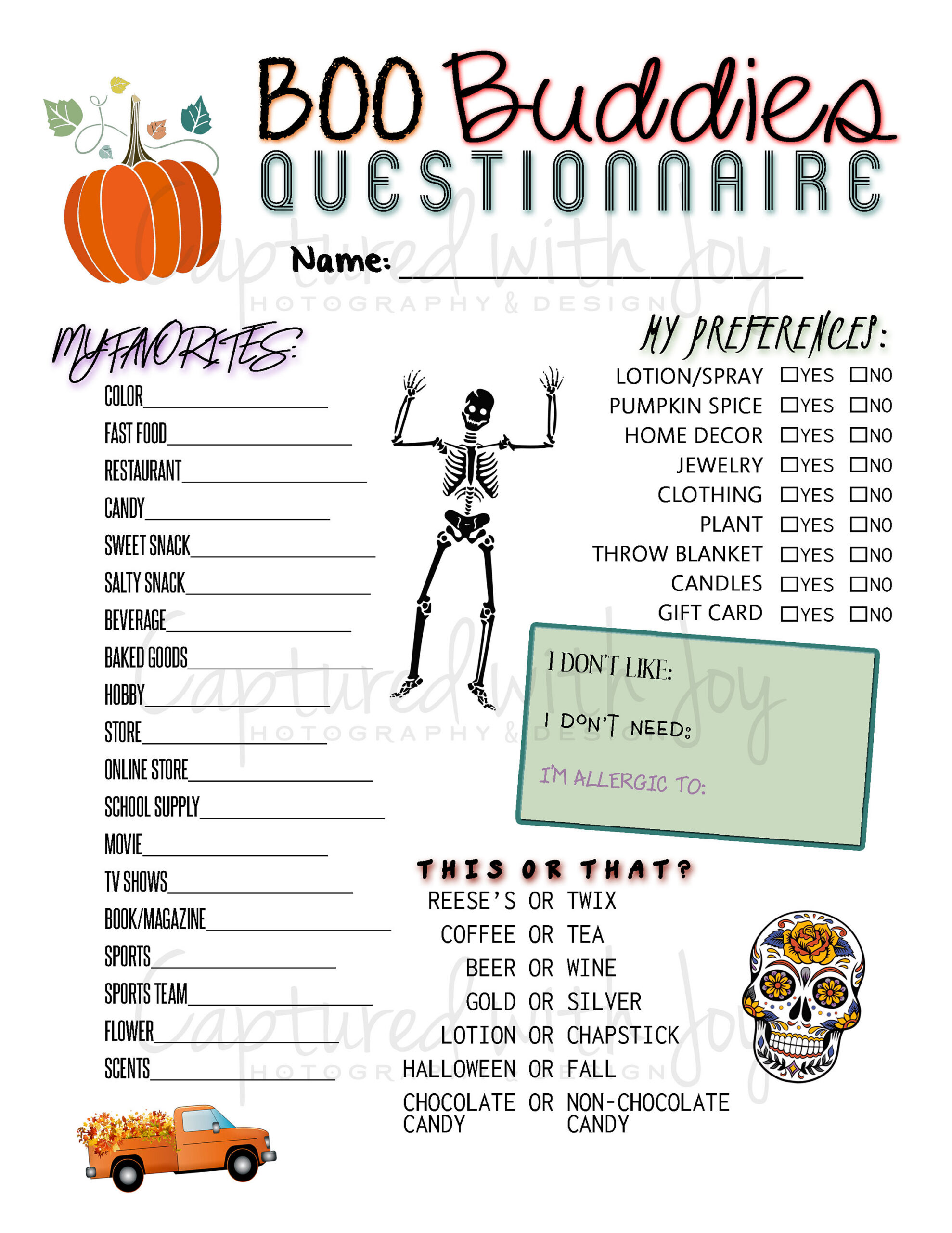Printable PDF - Boo Buddies Questionnaire for Halloween Theme Gift