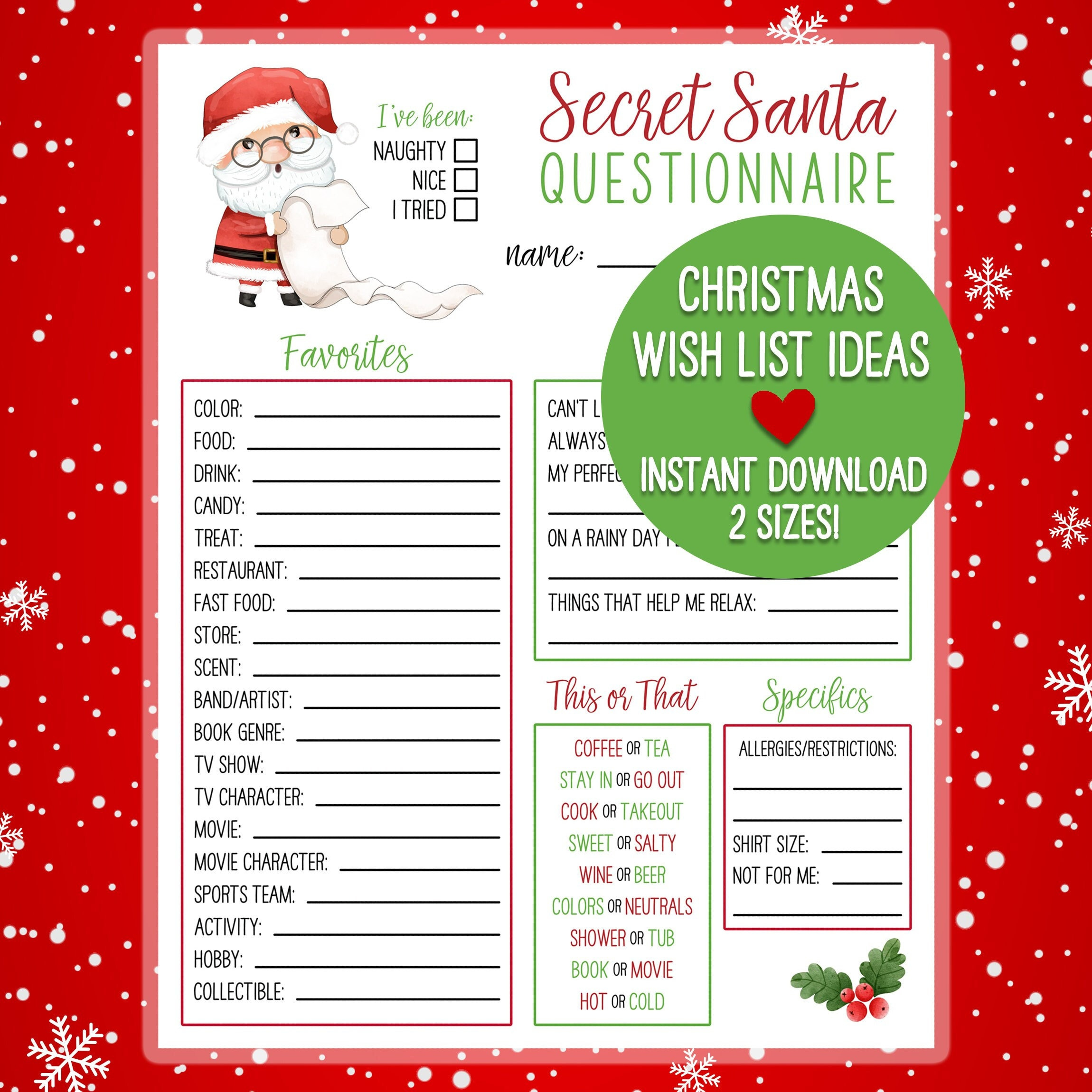 PRINTABLE Secret Santa Christmas Wish List Holiday Gift Exchange PRINTABLE Secret Santa Christmas Wish List Holiday Gift Exchange
