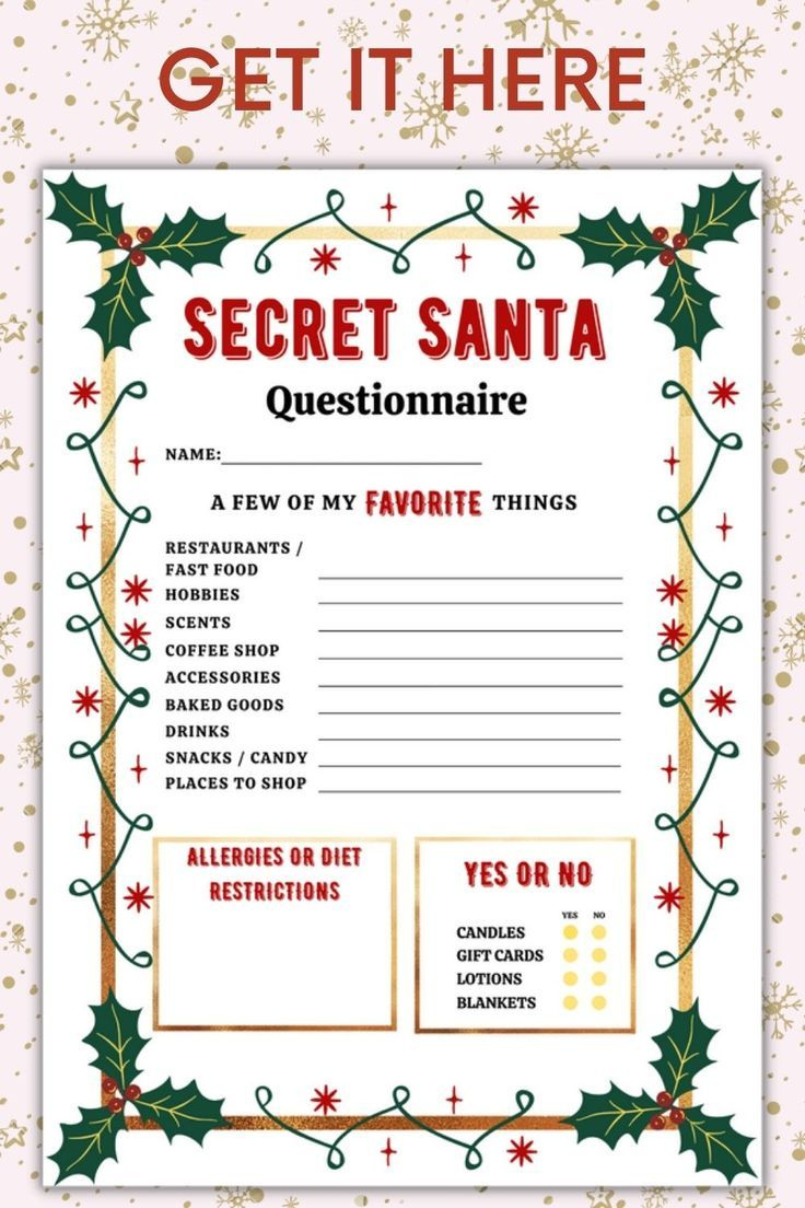 Printable Secret Santa Questionnaire for Coworkers for Gift Printable Secret Santa Questionnaire for Coworkers for Gift