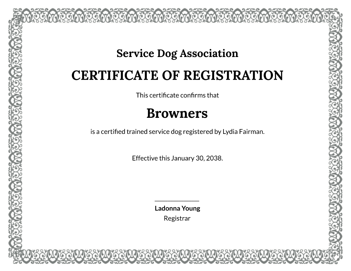 Printable Service Dog Certification Certificate Template Official Printable Service Dog Certification Certificate Template Official