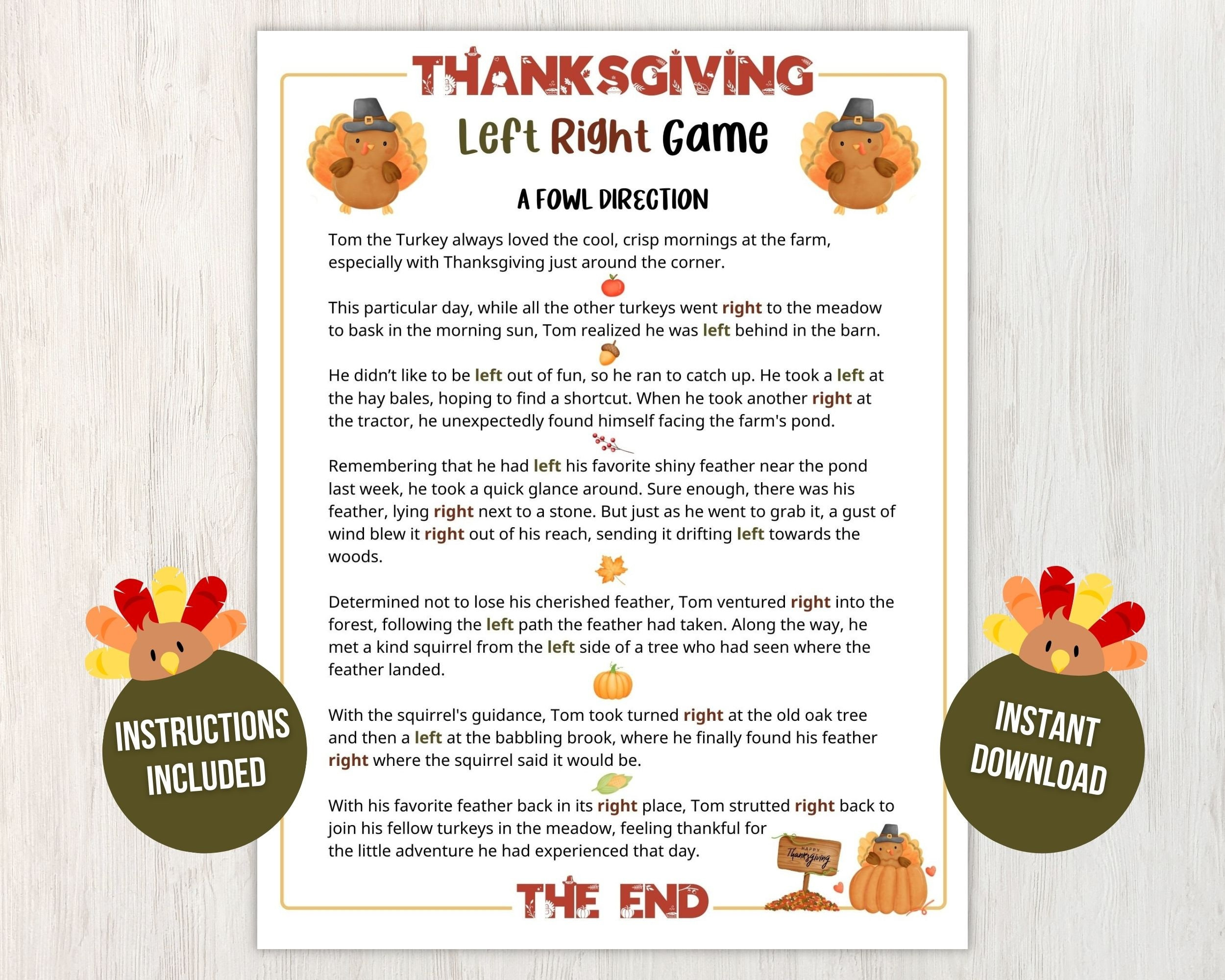 Printable Thanksgiving Left Right Game for Kids and Adults, Pass