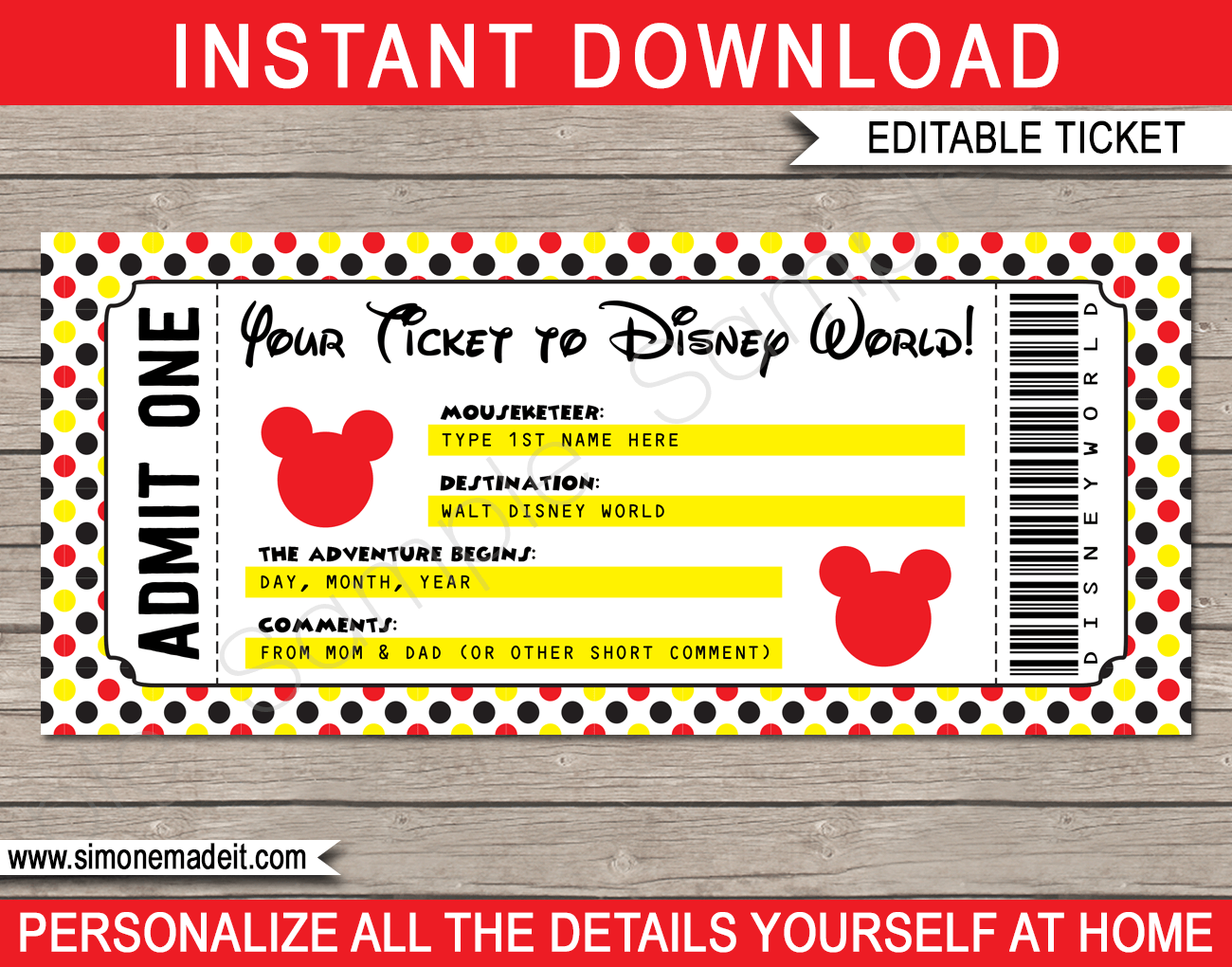 Printable Ticket to Disney World Template  Surprise Trip to