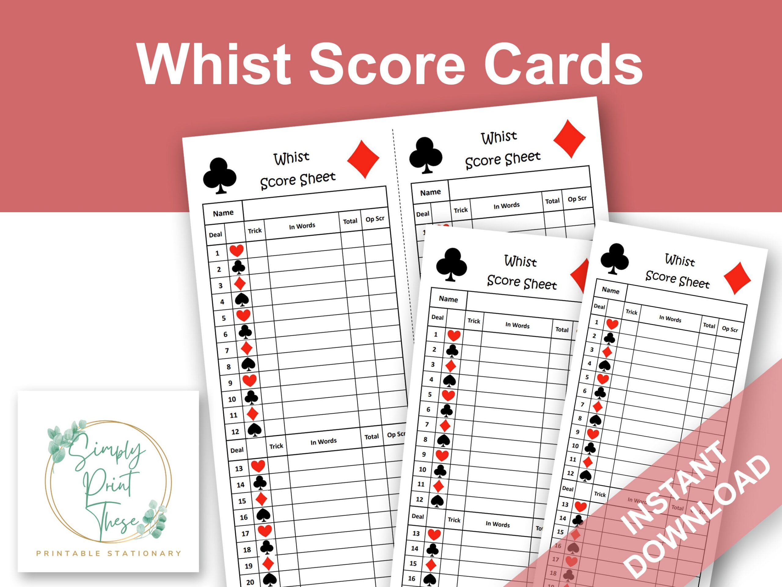 Printable Whist Score Sheets: Card Game Scorecard (instant