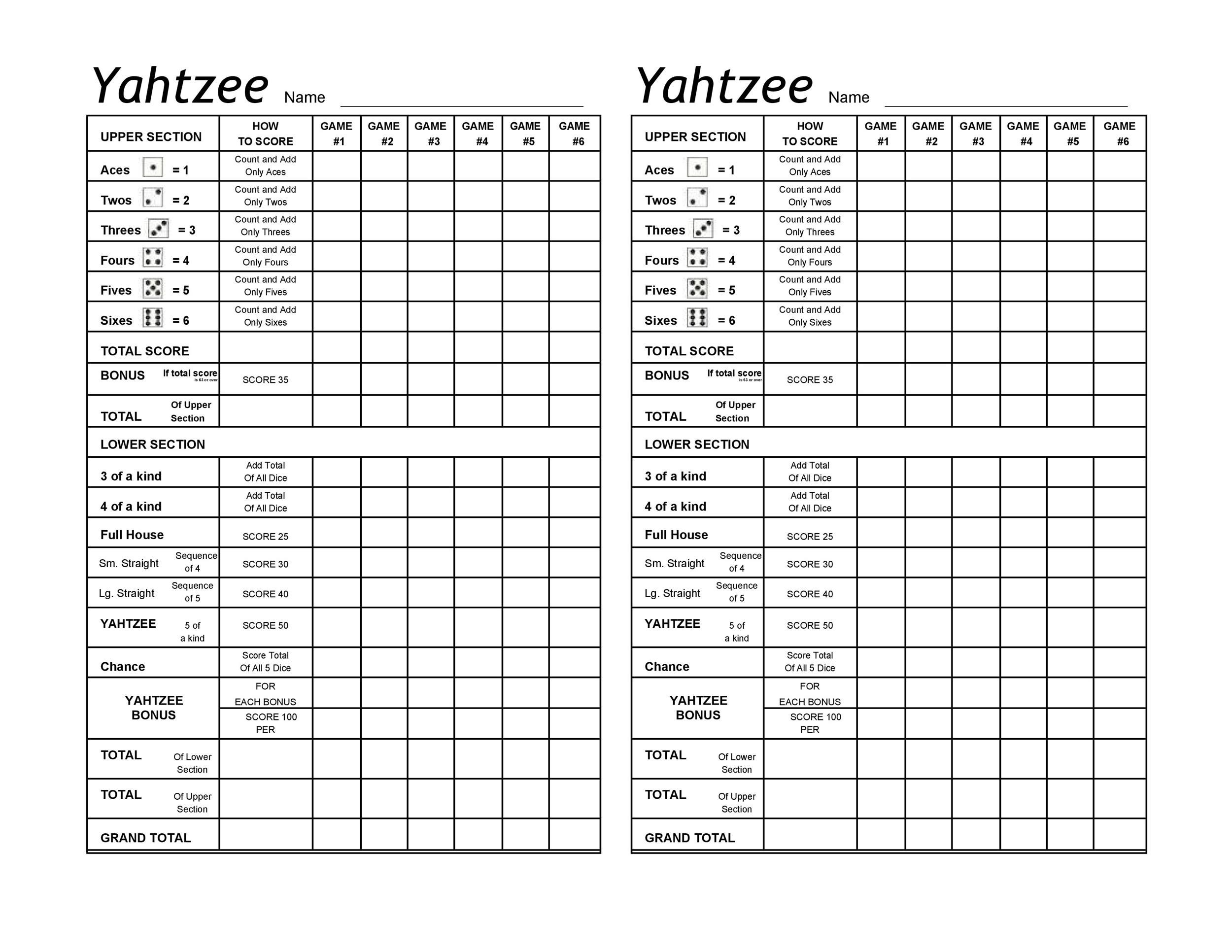 Printable Yahtzee Score Sheets & Cards (% FREE) ᐅ TemplateLab Printable Yahtzee Score Sheets & Cards (% FREE) ᐅ TemplateLab