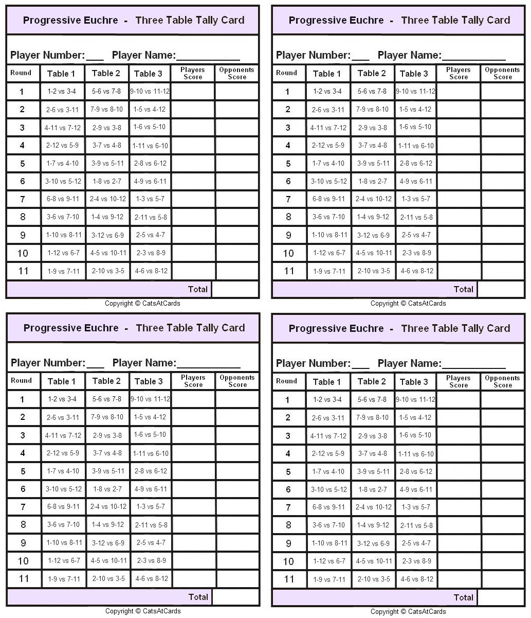 Progressive Euchre Three Table Tally Card - Print