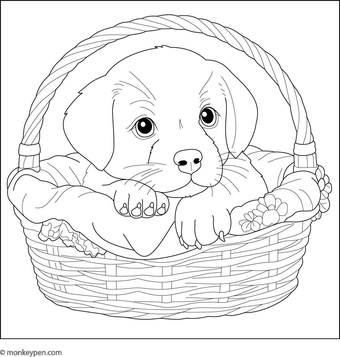 Puppy in a Basket – Adorable Dog Coloring Page for Kids