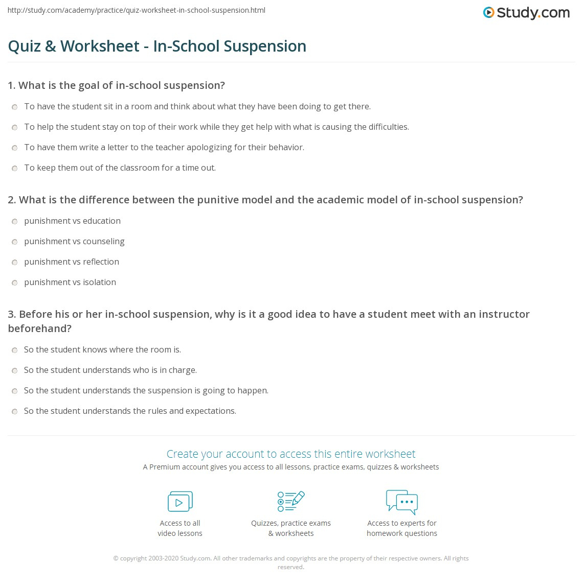 Quiz & Worksheet - In-School Suspension  Study
