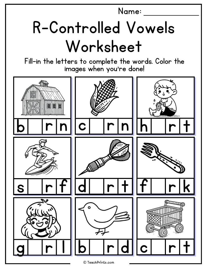 R-Controlled Vowels Worksheets (Bossy R) - Free PDF Printables