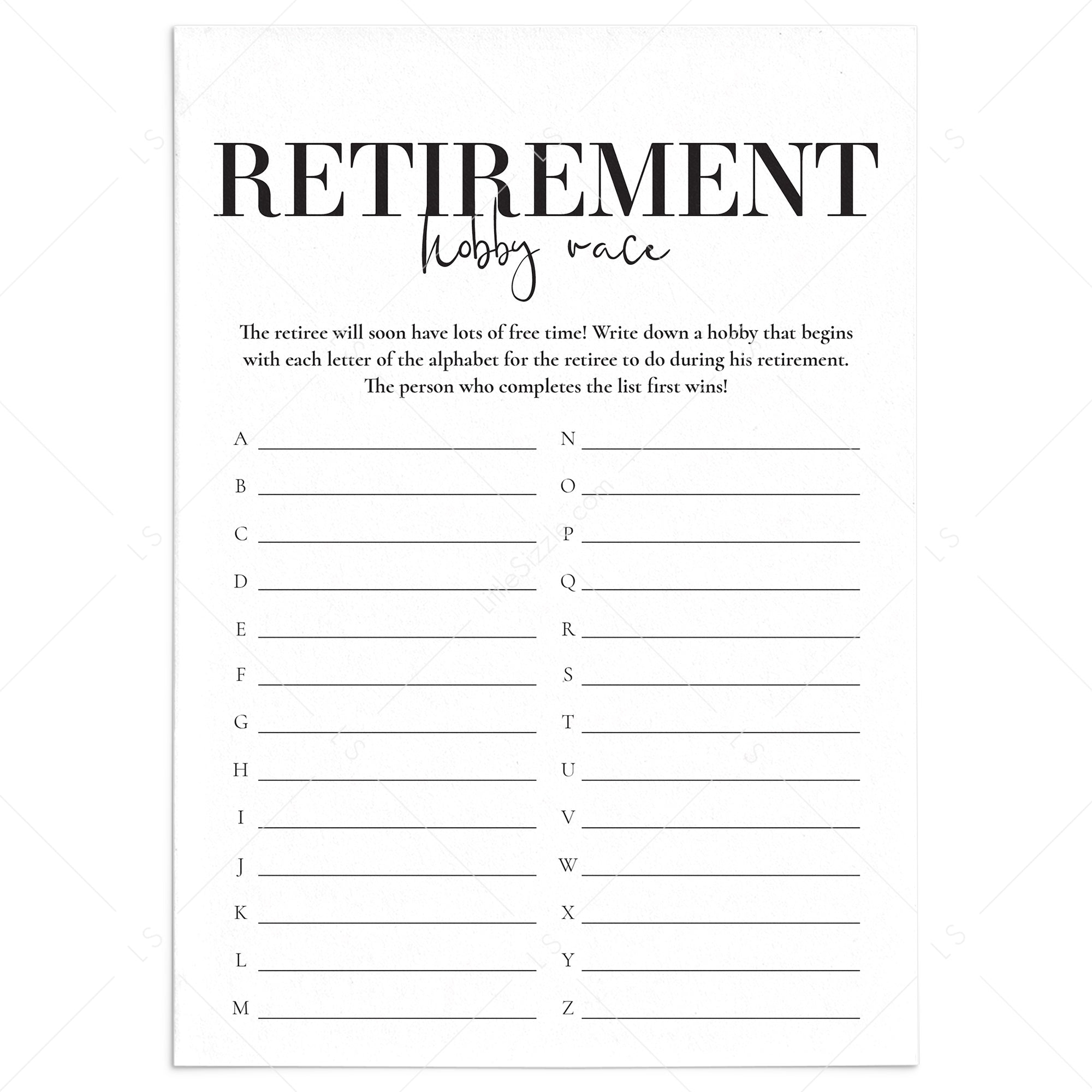 Retirement Party Game Hobby Race Printable Dad Retirement Games Retirement Party Game Hobby Race Printable Dad Retirement Games