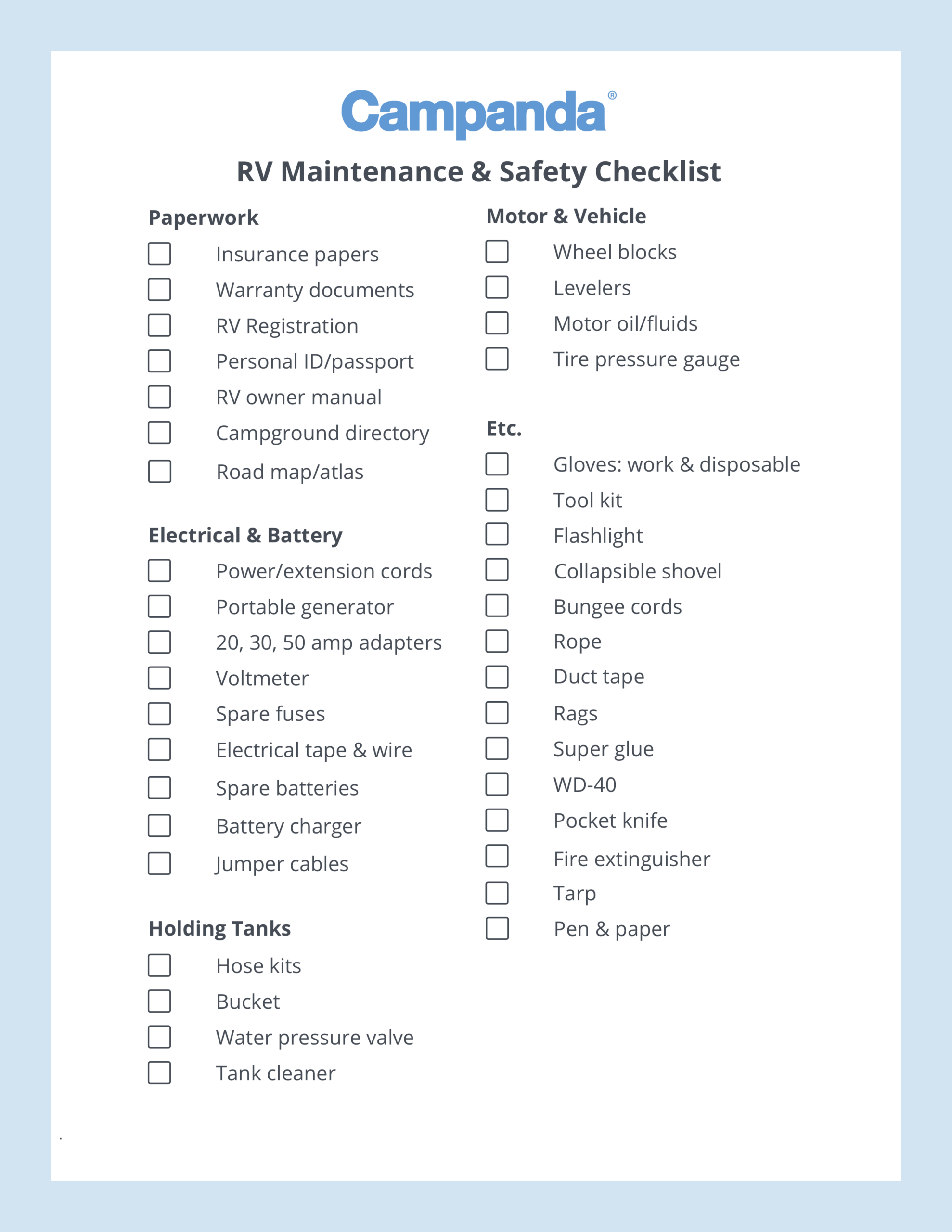 RV Checklists:  Printable Packing Lists  Campanda