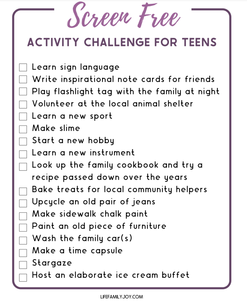 Screen Free Activity Challenge For Teens - Life. Family