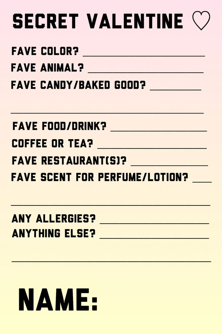 Secret Valentine Gift Exchange Questionnaire Printable