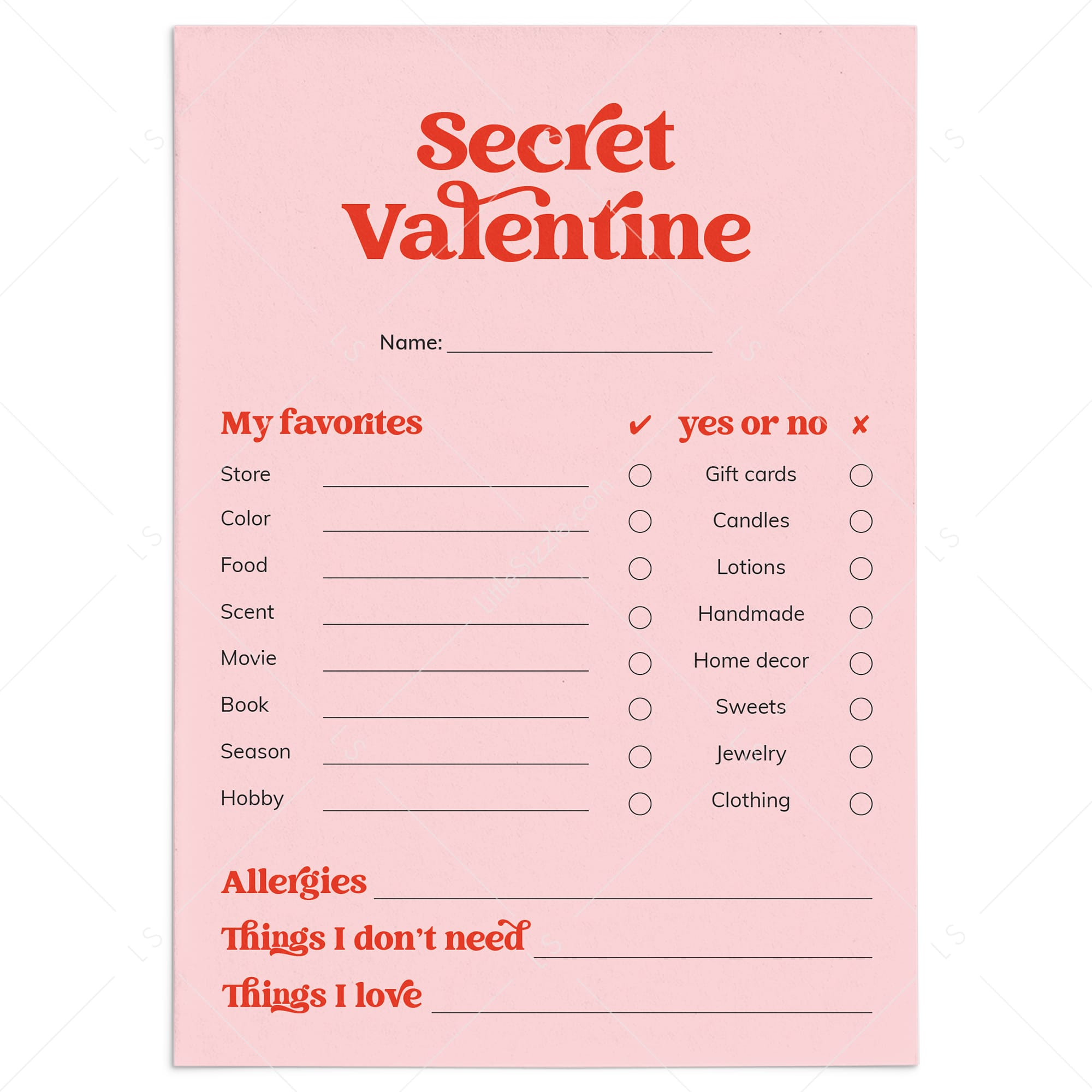 Secret Valentine Questionnaire Printable Valentine Gift Exchange