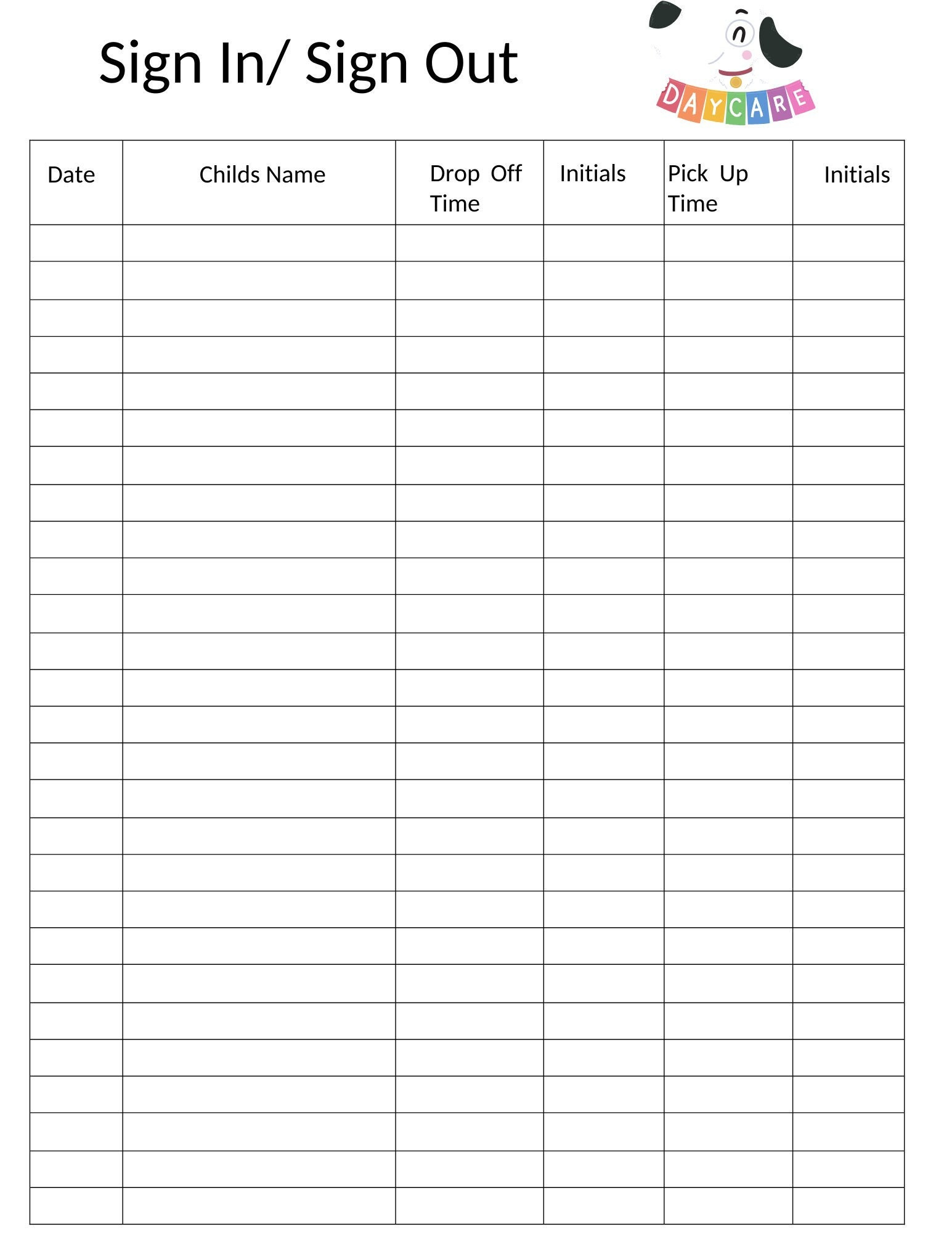 Sign In/ Sign Out Sheet, Daycare Template, Childcare Template