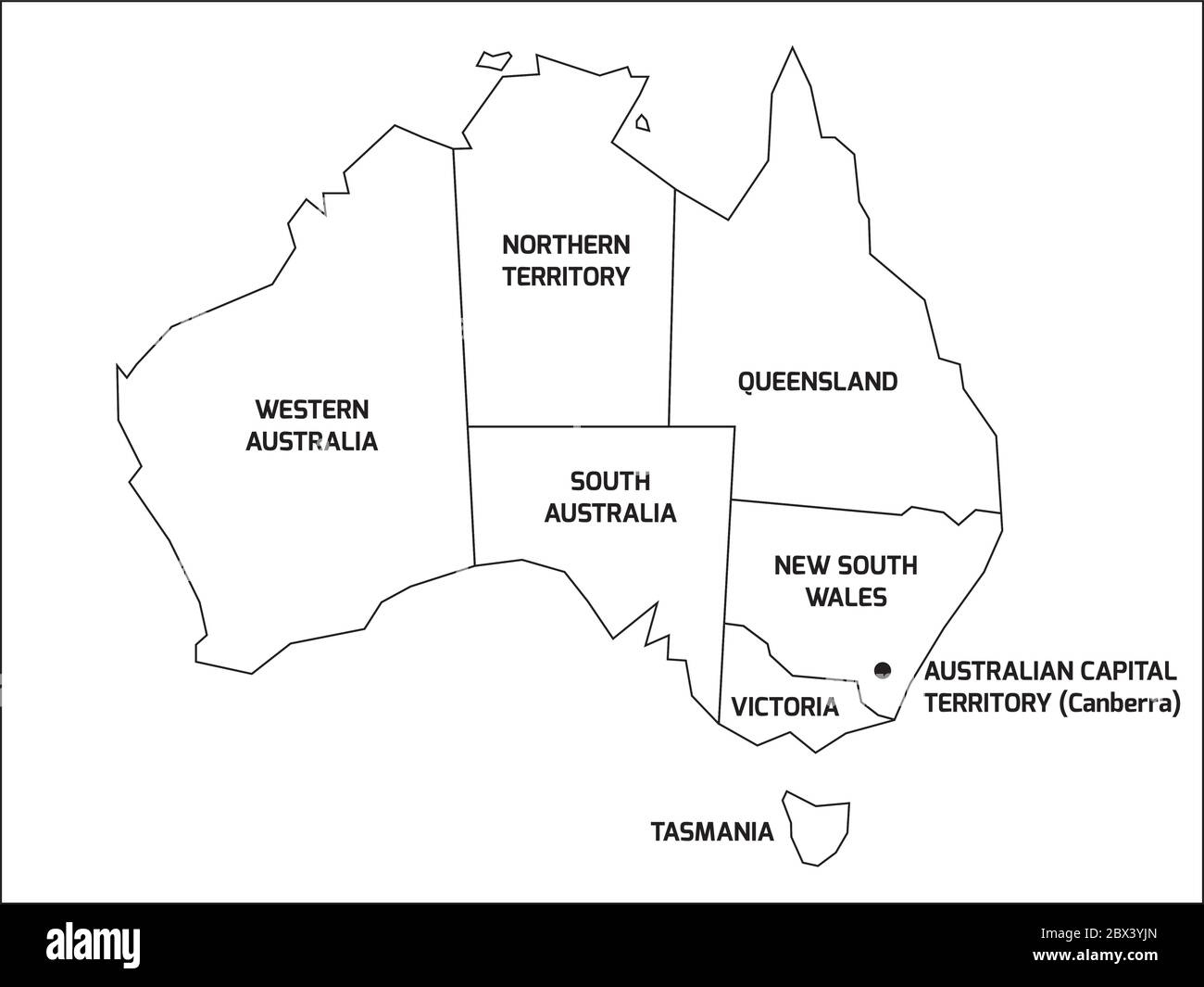 Simplified map of Australia divided into states and territories