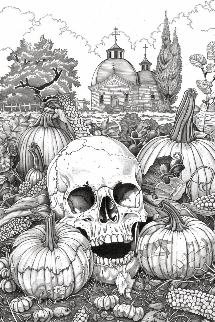 Skull and Pumpkin Patch Scene - Free Printable Coloring Page