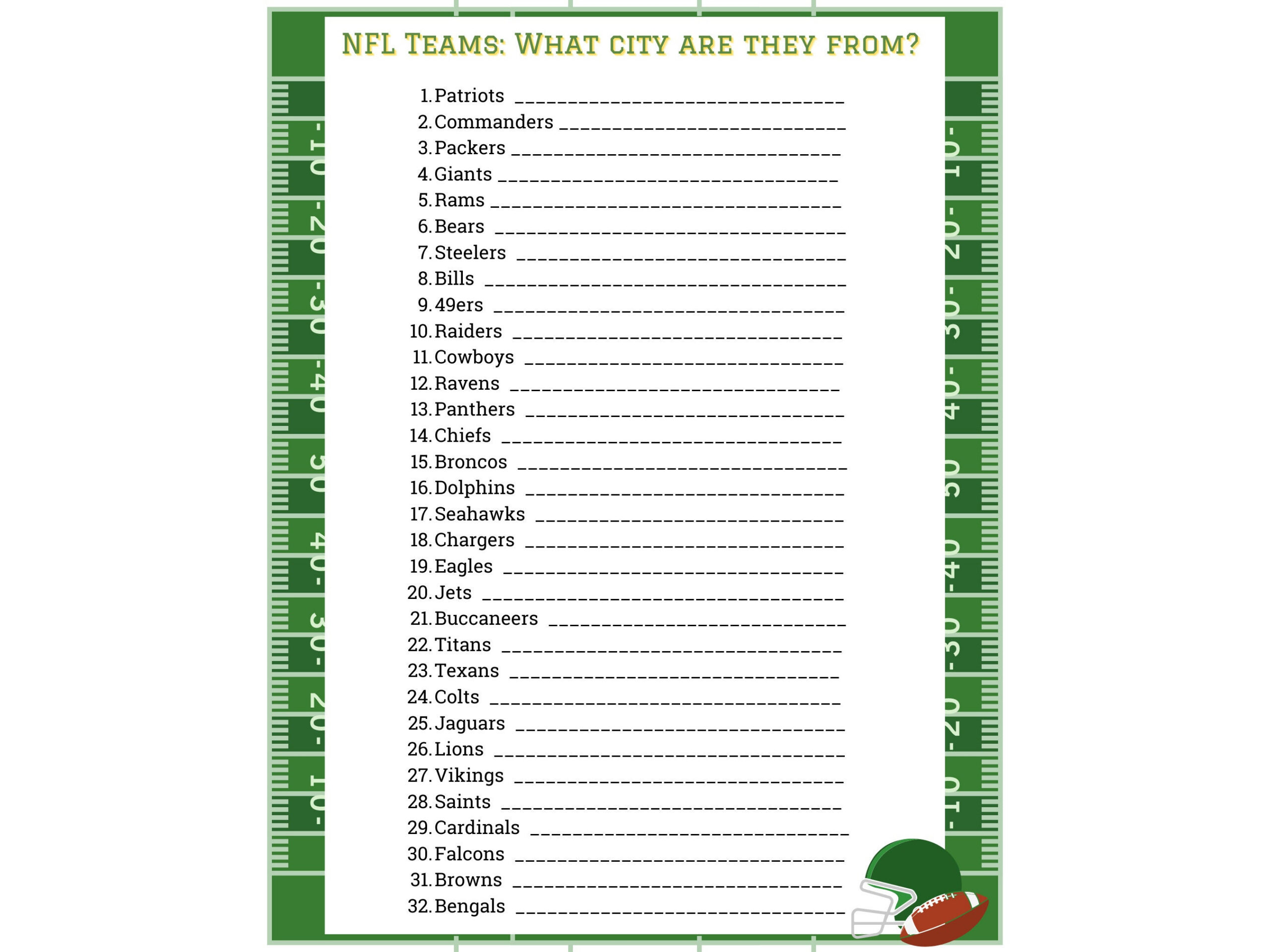 Sports Name All Nfl Teams Quiz Trivia Printable American Football