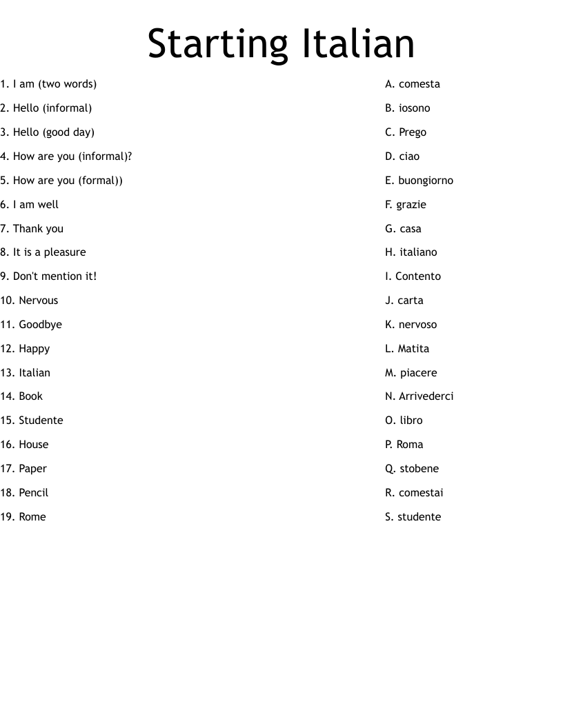 Starting Italian Worksheet - WordMint