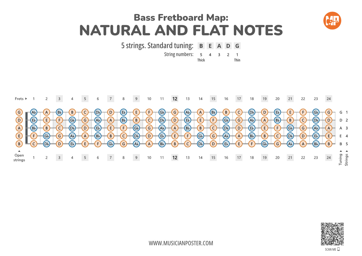 -String Bass Guitar Printable Fretboard Map With All Notes
