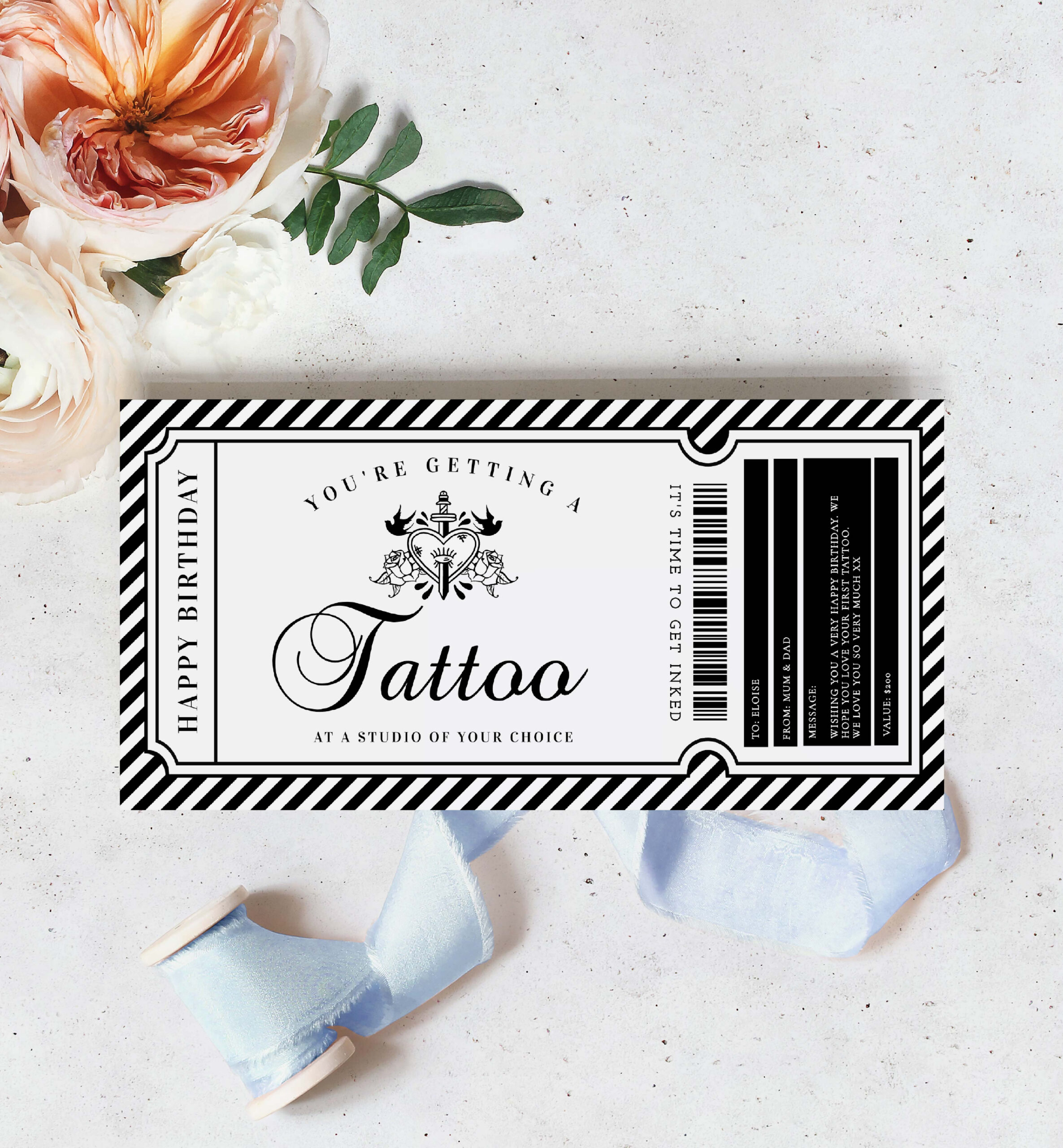 Stripe Black  Printable Tattoo Custom Gift Voucher Template