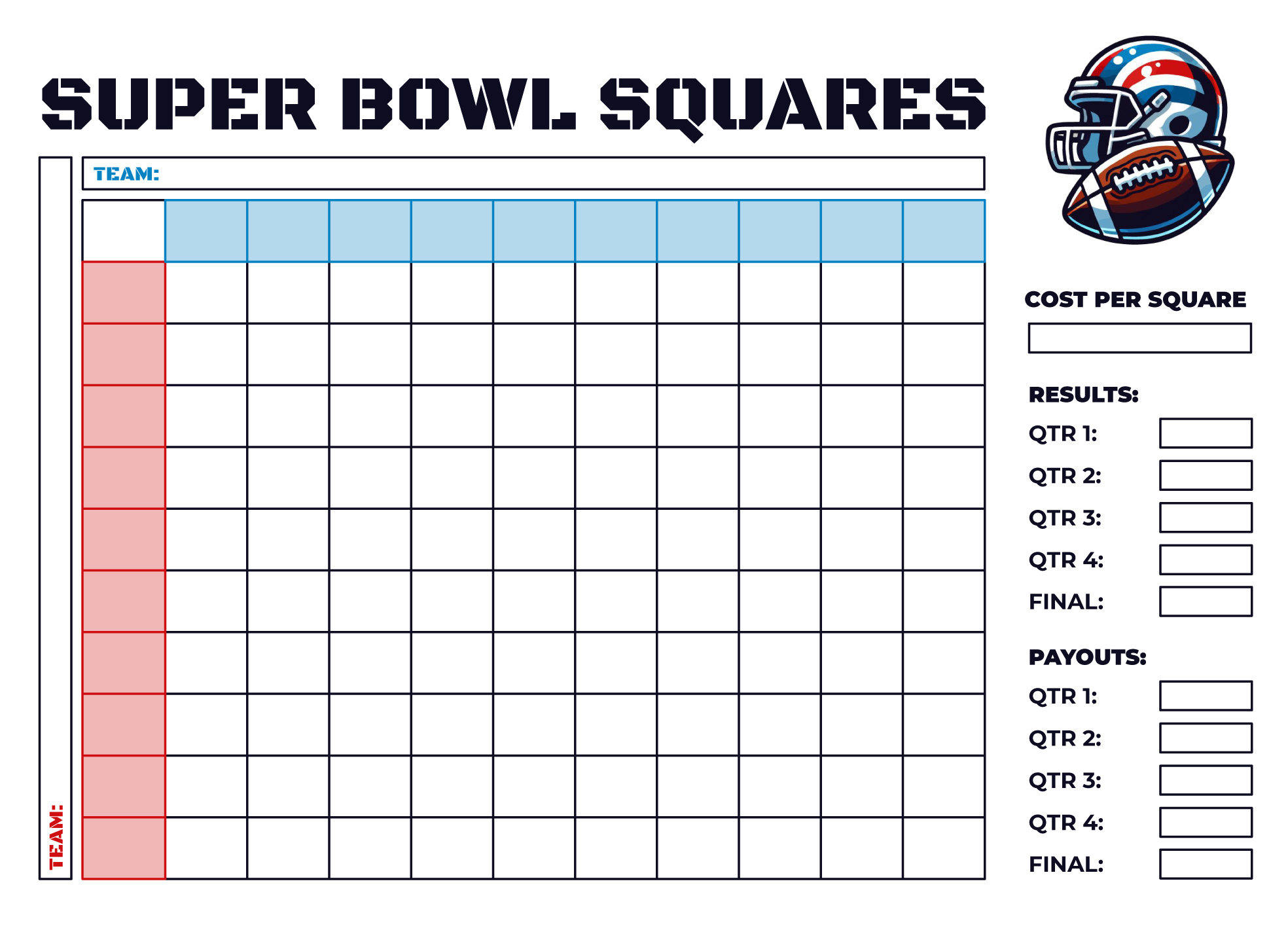 Super Bowl Squares Board Free Google Docs Template - gdoc