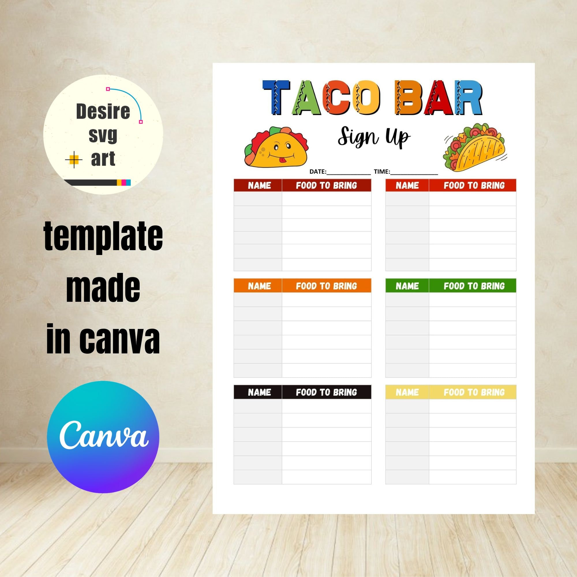 Taco Fiesta: Stylish Taco Bar Sign up Sheet Template Printable for Taco Fiesta: Stylish Taco Bar Sign up Sheet Template Printable for