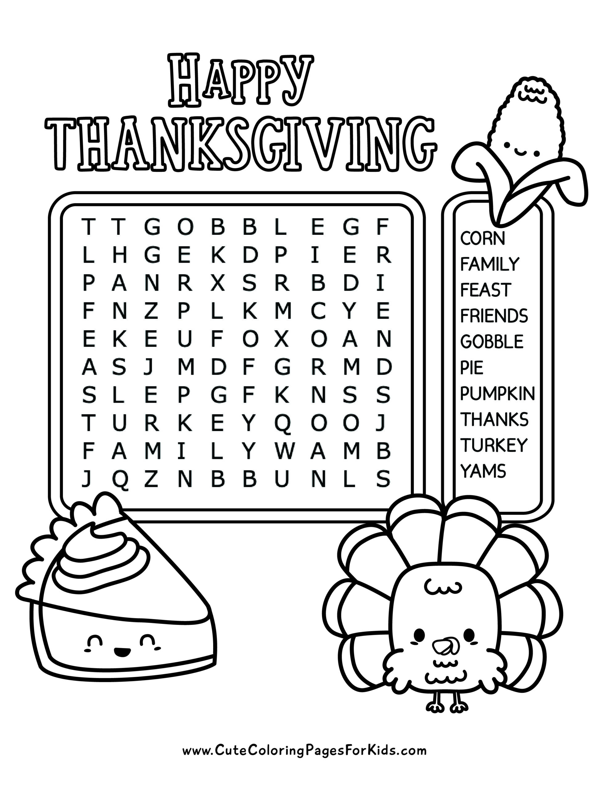 Thanksgiving Word Search - Cute Coloring Pages For Kids Thanksgiving Word Search - Cute Coloring Pages For Kids