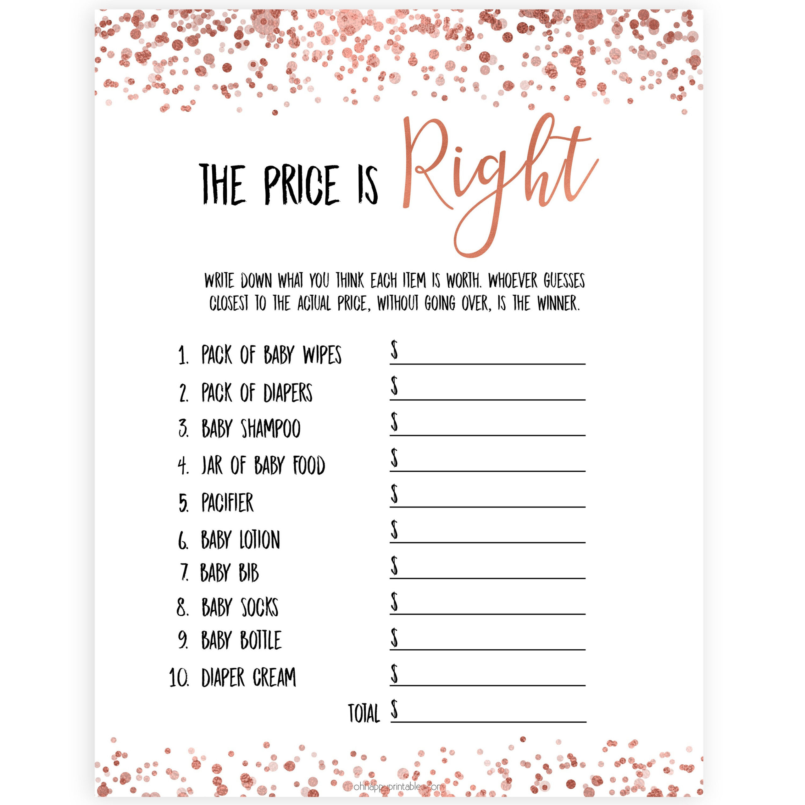 The Price is Right Game - Rose Gold Printable Baby Shower Games