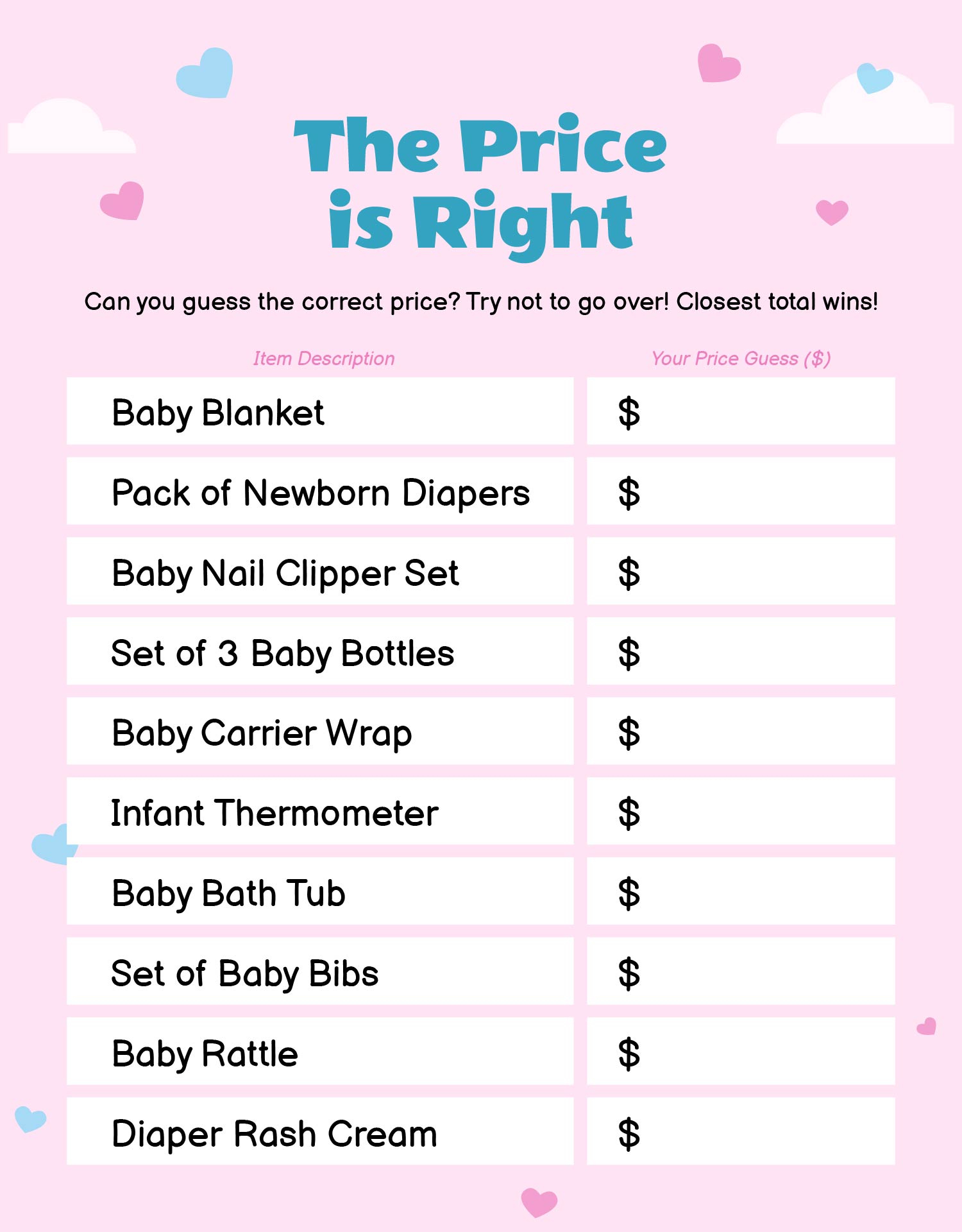 the price is right printable game